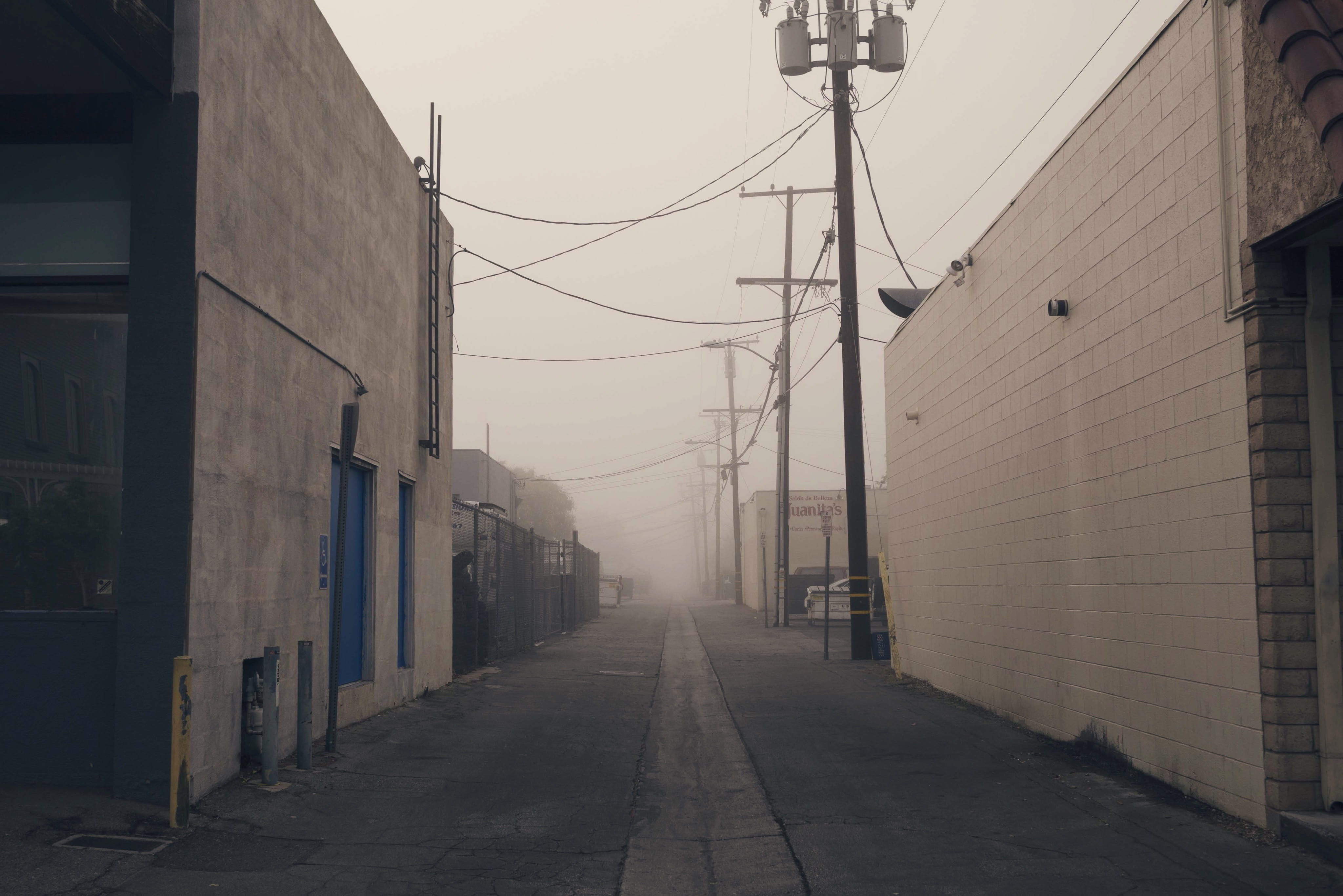 no people, telephone line, shape, lighting, diminishing perspective, line, nature, fog, alleyway, direction, powerline, lane, power line, the way forward, HD Wallpaper