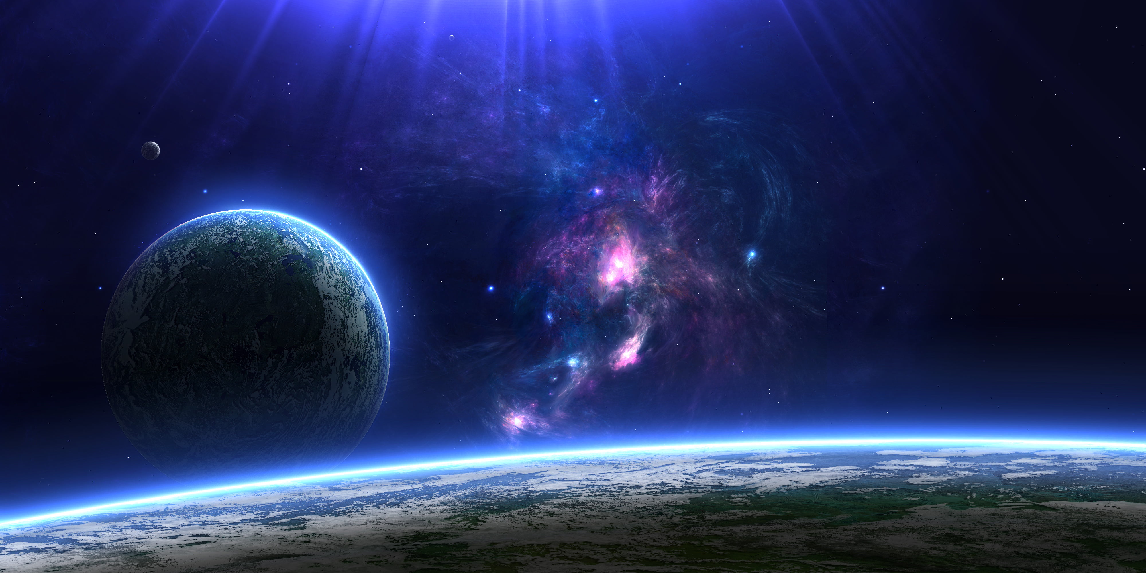 sunbeam, galaxy, abstract, astronomy, blue, light - Natural Phenomenon, globe - Man Made Object, stratosphere, sky, planet earth, outdoors, futuristic, HD Wallpaper