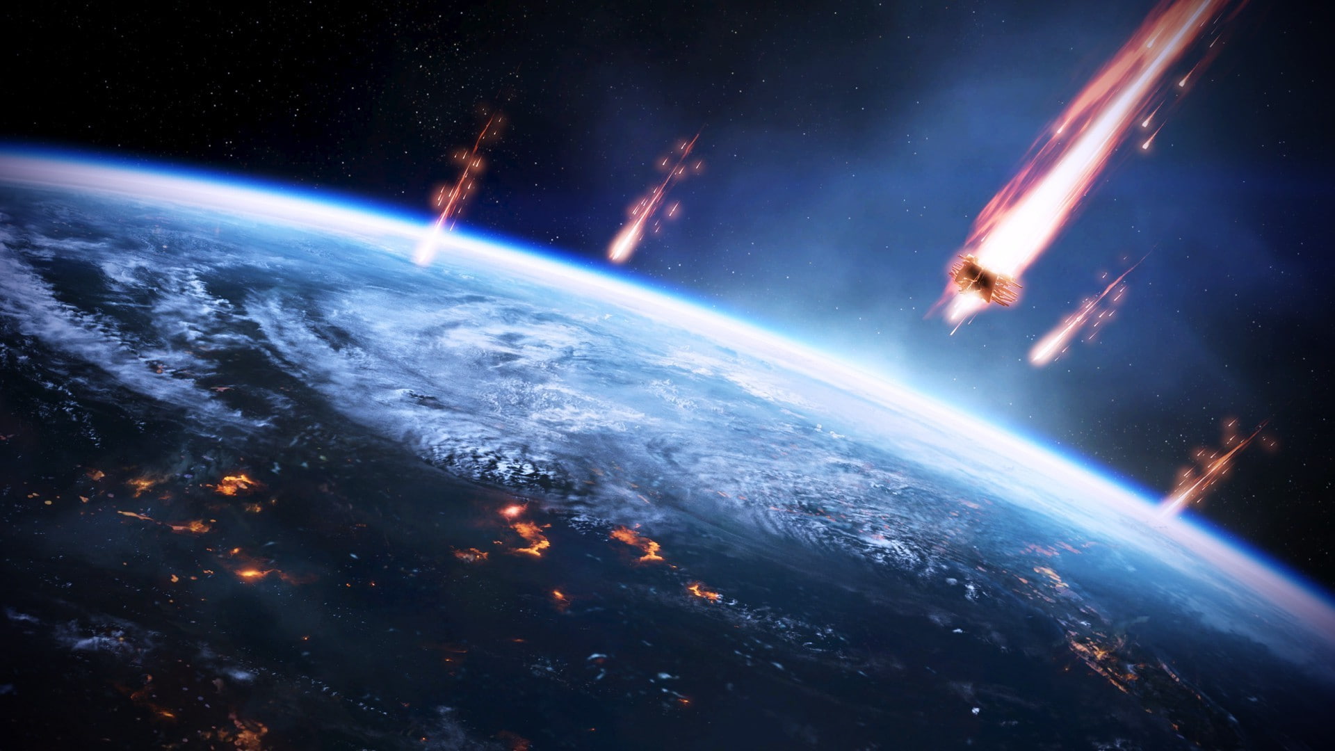 copy space, exploration, satellite view, night, mass effect space earth, dark, heat - temperature, orbiting, people, planet - space, space, cloud - sky, HD Wallpaper