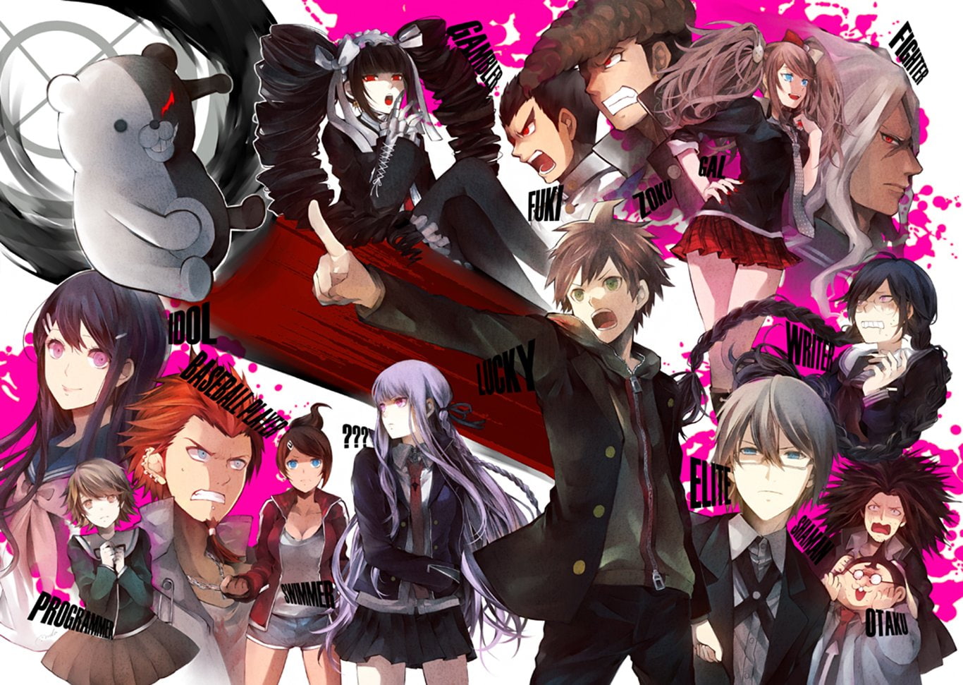 Sayaka Maizono, Yasuhiro Hagakure, Monokuma (Danganronpa), Junko Enoshima, Makoto Naegi, Mondo Ōwada, Aoi Asahina, Danganronpa, Kiyotaka Ishimaru, Byakuya Togami, HD Wallpaper