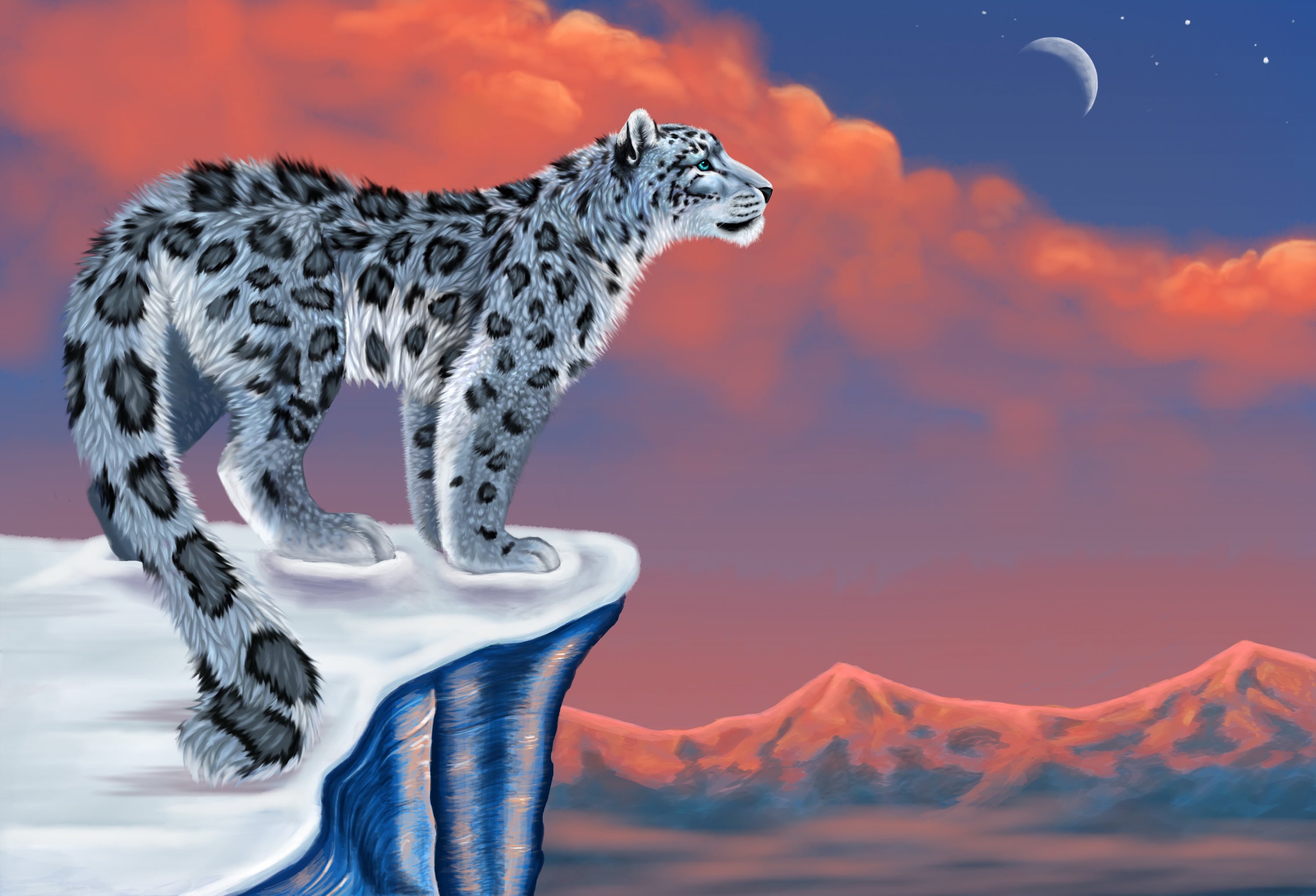 sunset, nature, sky, animal representation, snow leopard, outdoors, scenics - nature, white, animal, blue, mountain, no People, gray, beauty in nature, HD Wallpaper