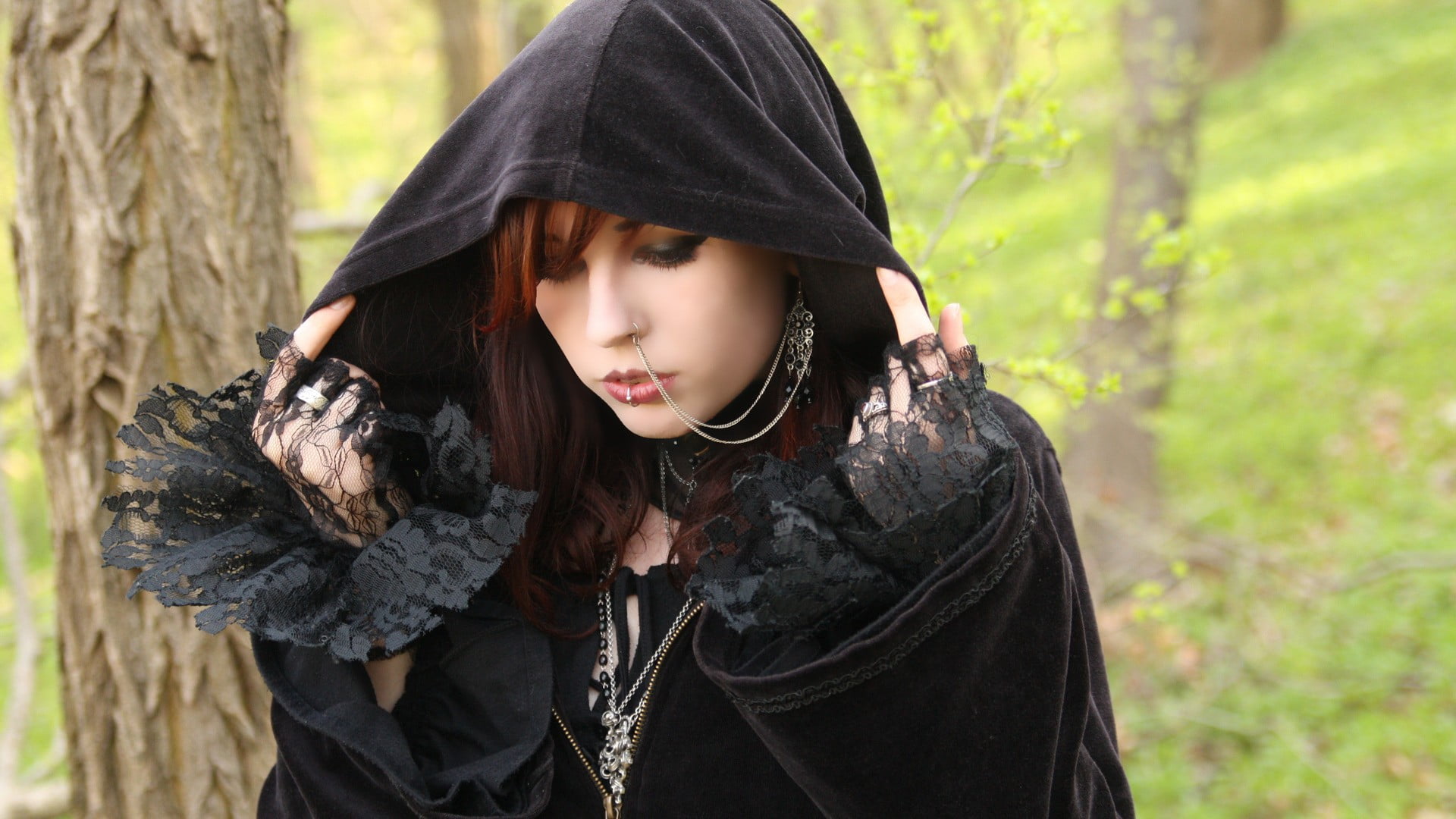 waist up, land, plant, hairstyle, lifestyles, clothing, women, standing, piercing, forest, women outdoors, holding, outdoors, one person, hood, nose rings, HD Wallpaper