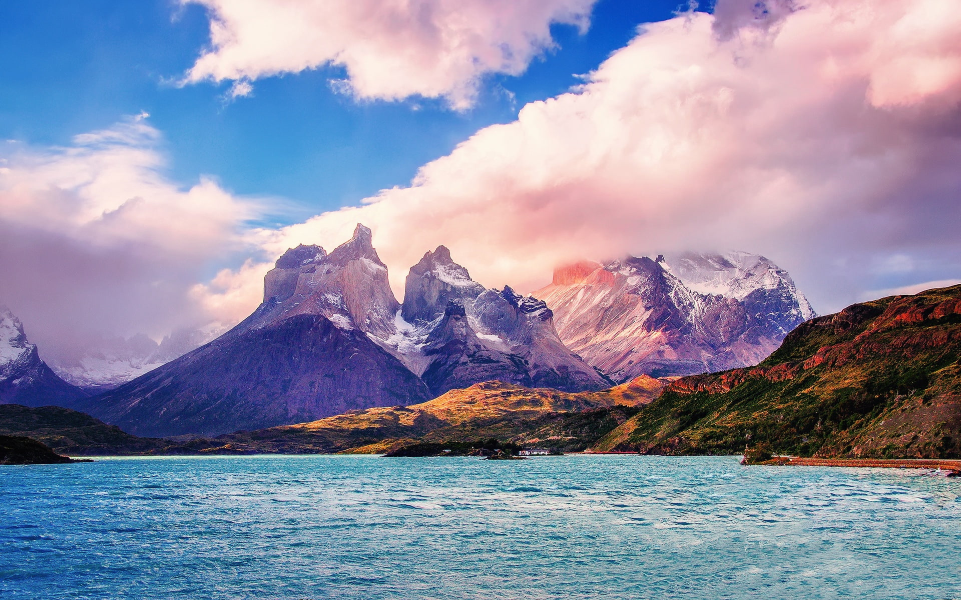 Chile, Clouds, America, snow, ocean, mountain, 1080P, South, Lake, Patagonia, capped, Mountains, Sky, HD Wallpaper