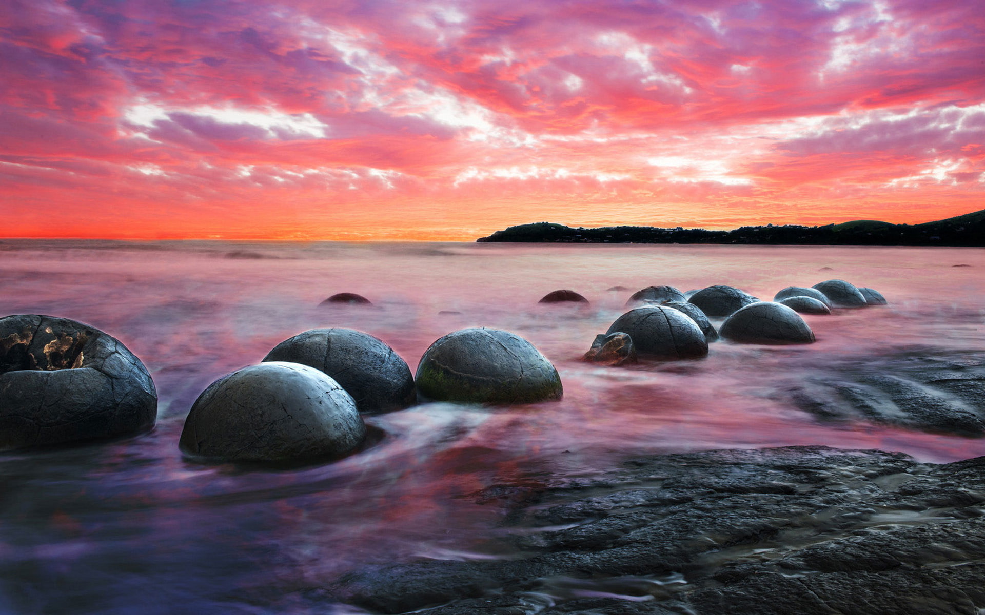 backgrounds, sky, south, red, balls, new, koekohe, island, moeraki, beach, stones, sunset, zealand, 1080P, desktop, HD Wallpaper