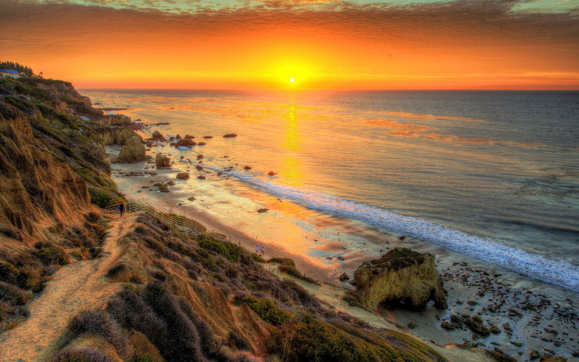 beautiful, 1080P, sky, rock, sun, beach, marine, ocean, waves, red, sunset, orange, horizon, coast, hd, HD Wallpaper