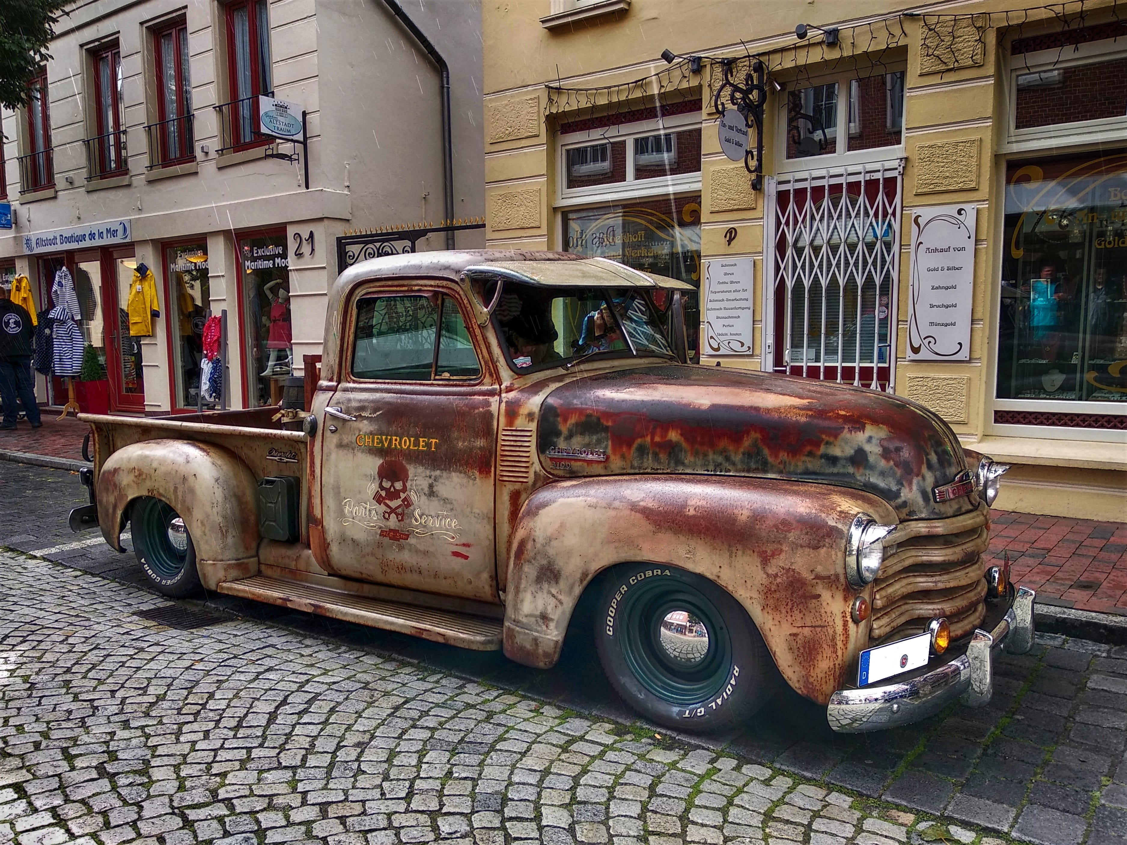 transportation, building exterior, retro styled, car, rusty, old, chevy, land vehicle, america, american, pickup, chevrolet, day, building, motor vehicle, HD Wallpaper