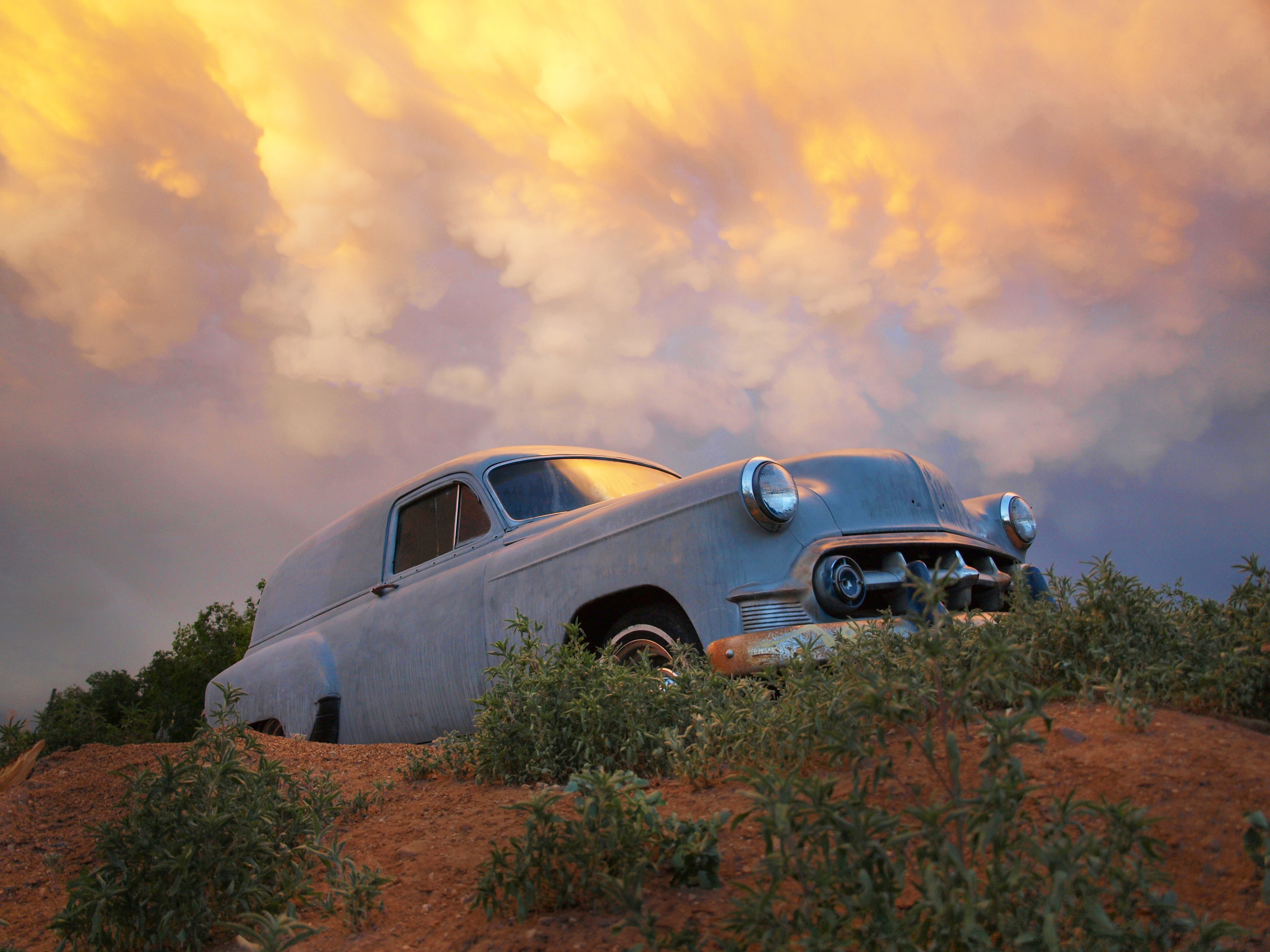 damaged, cloud - sky, afterglow, classic auto, blue, chevy, mode of transportation, no people, travel, old, obsolete, hill, sunset, evening, retro Styled, HD Wallpaper