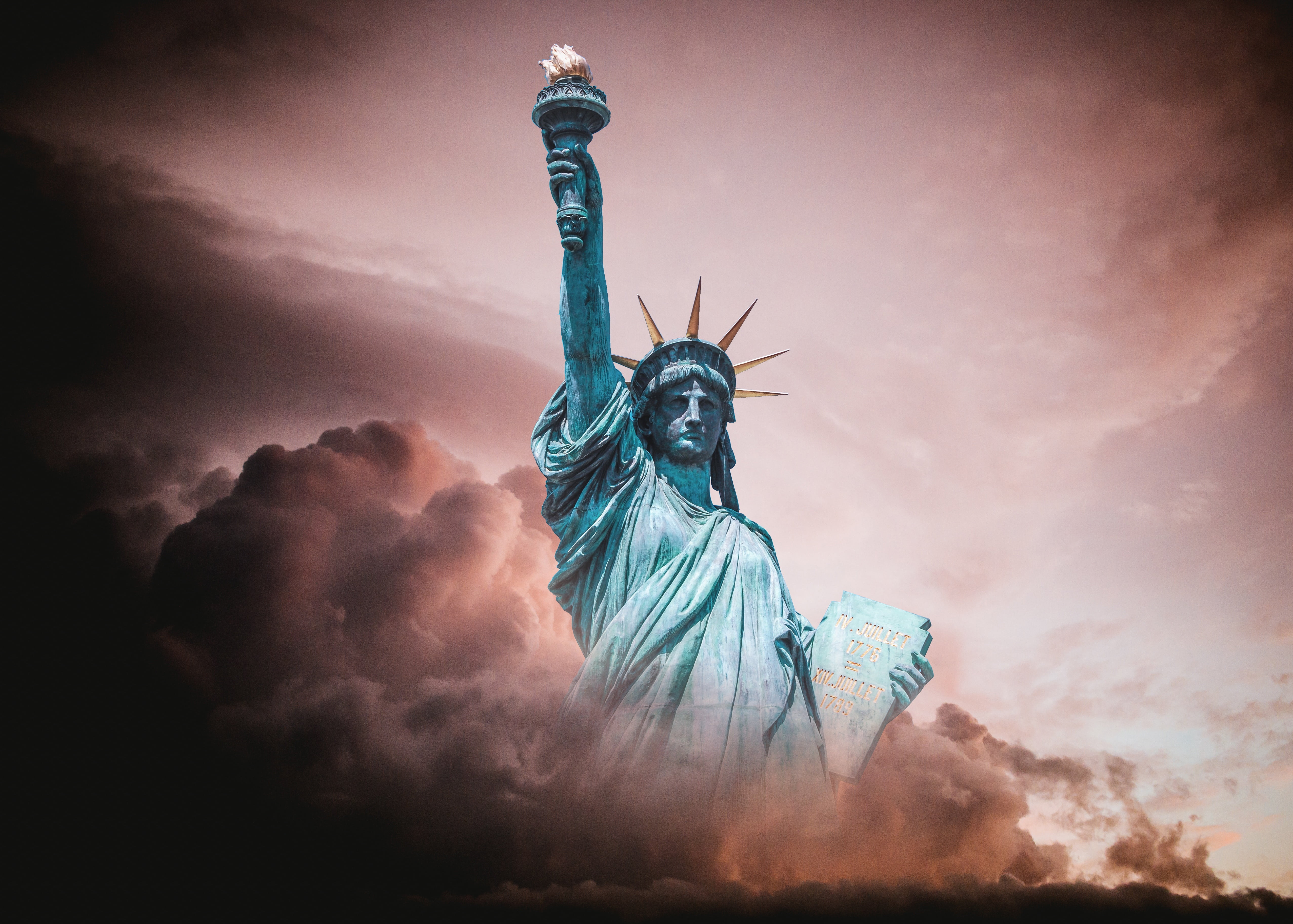 nature, sculpture, symbol, new, ominous, turmoil, blue-green patina, representation, copper, liberty, travel destinations, stola, human representation, HD Wallpaper