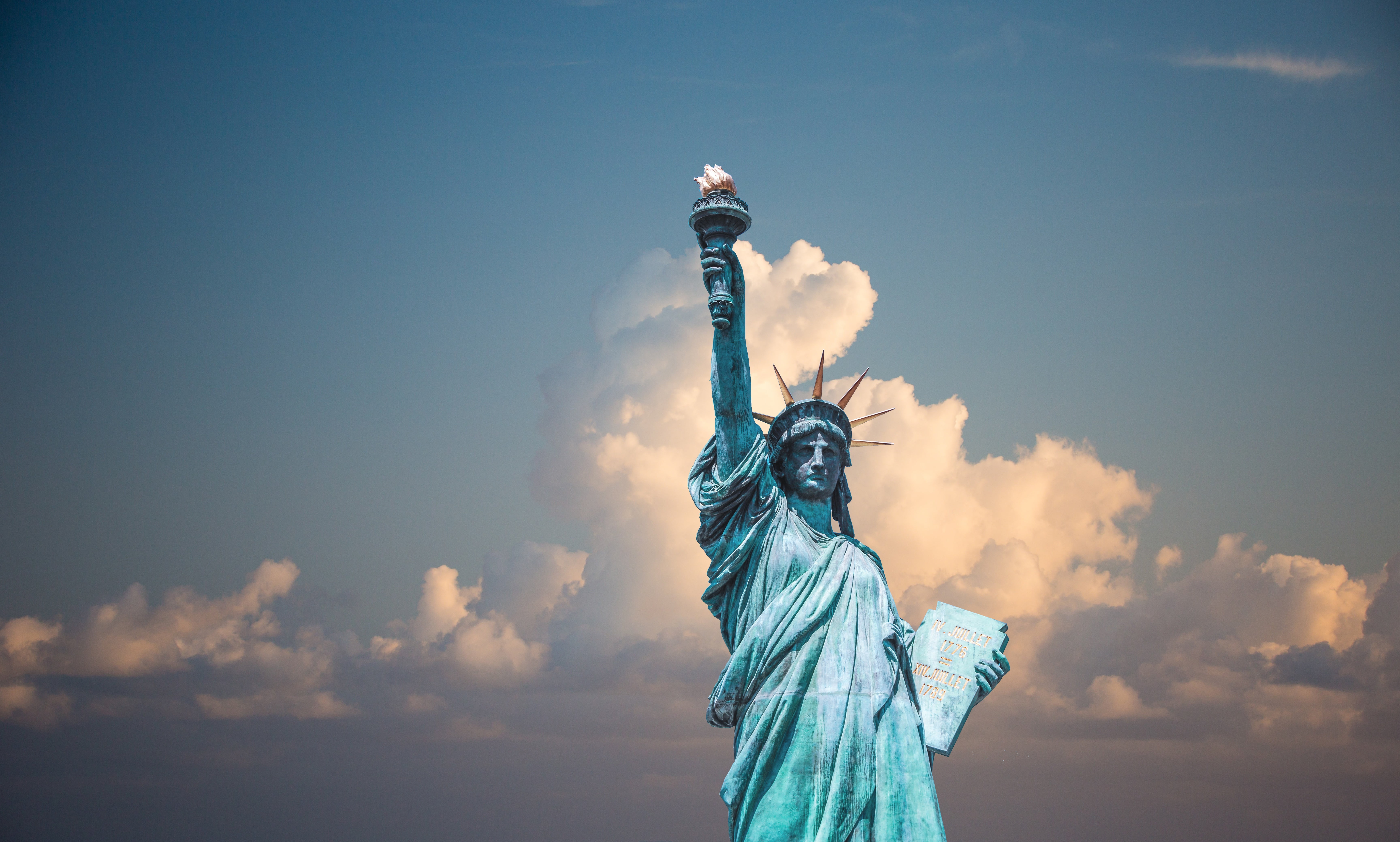 tourism, statue of liberty, copper, nature, blue-green patina, flame, 5K, new york city harbor, cloud - sky, arms raised, female likeness, travel, the past, HD Wallpaper