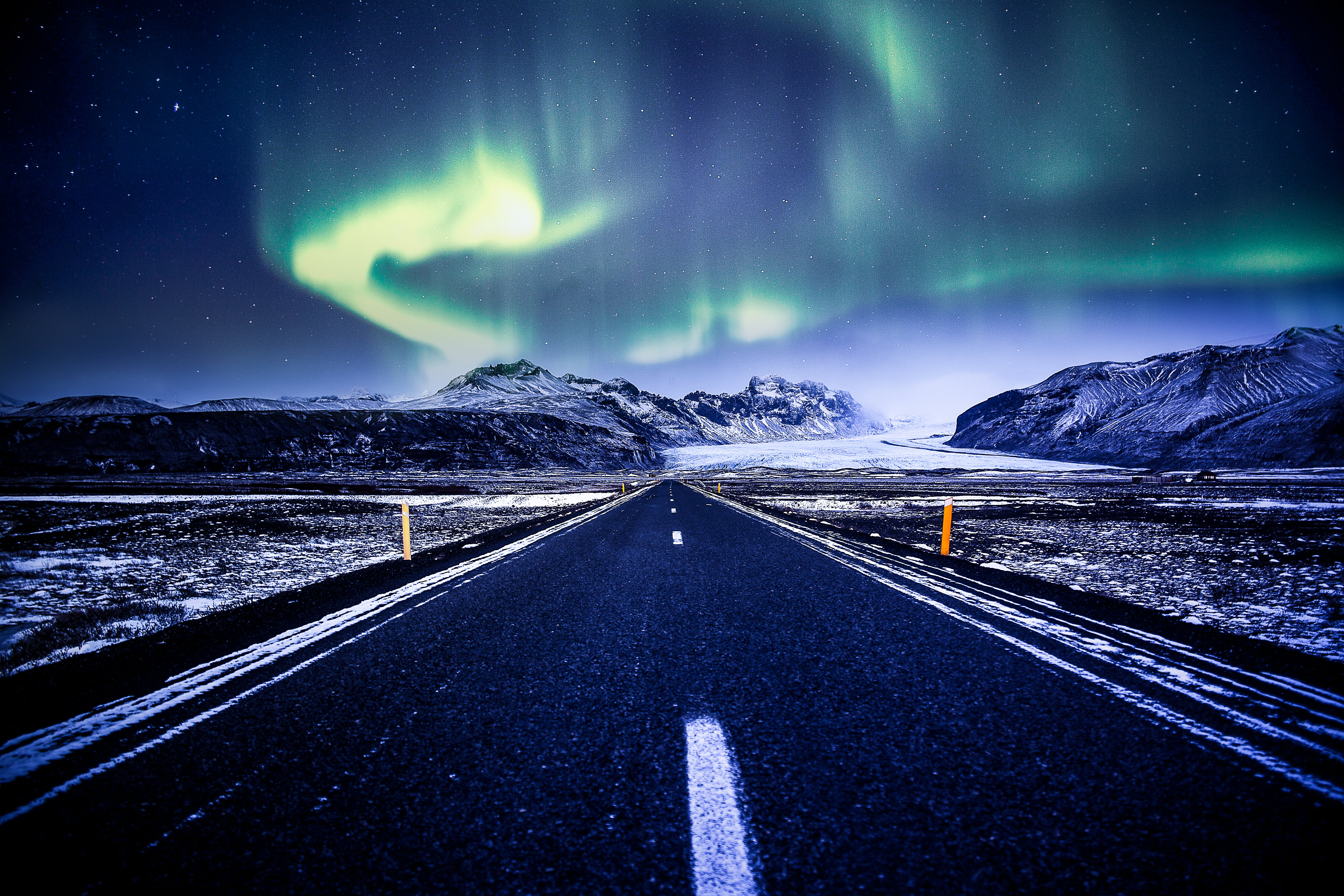 winter, night, aurora, Sunset, street, Photoshop, travel, photograph, highway, landscape, road, Glacial, Skaftafell, Islandia, borealis, transportation, HD Wallpaper