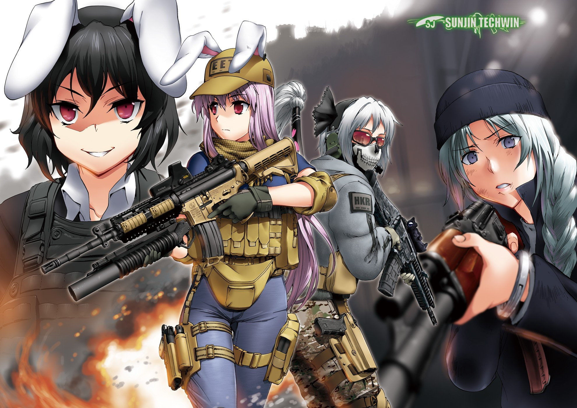 Crossover, bunny, x, ears, games, art, anime, Bunny Ears, duty, kratos, Anime Girls, Touhou, weapon, girls, 1980x1400 px, px, Call Of Duty: Ghosts, 1080P, HD Wallpaper