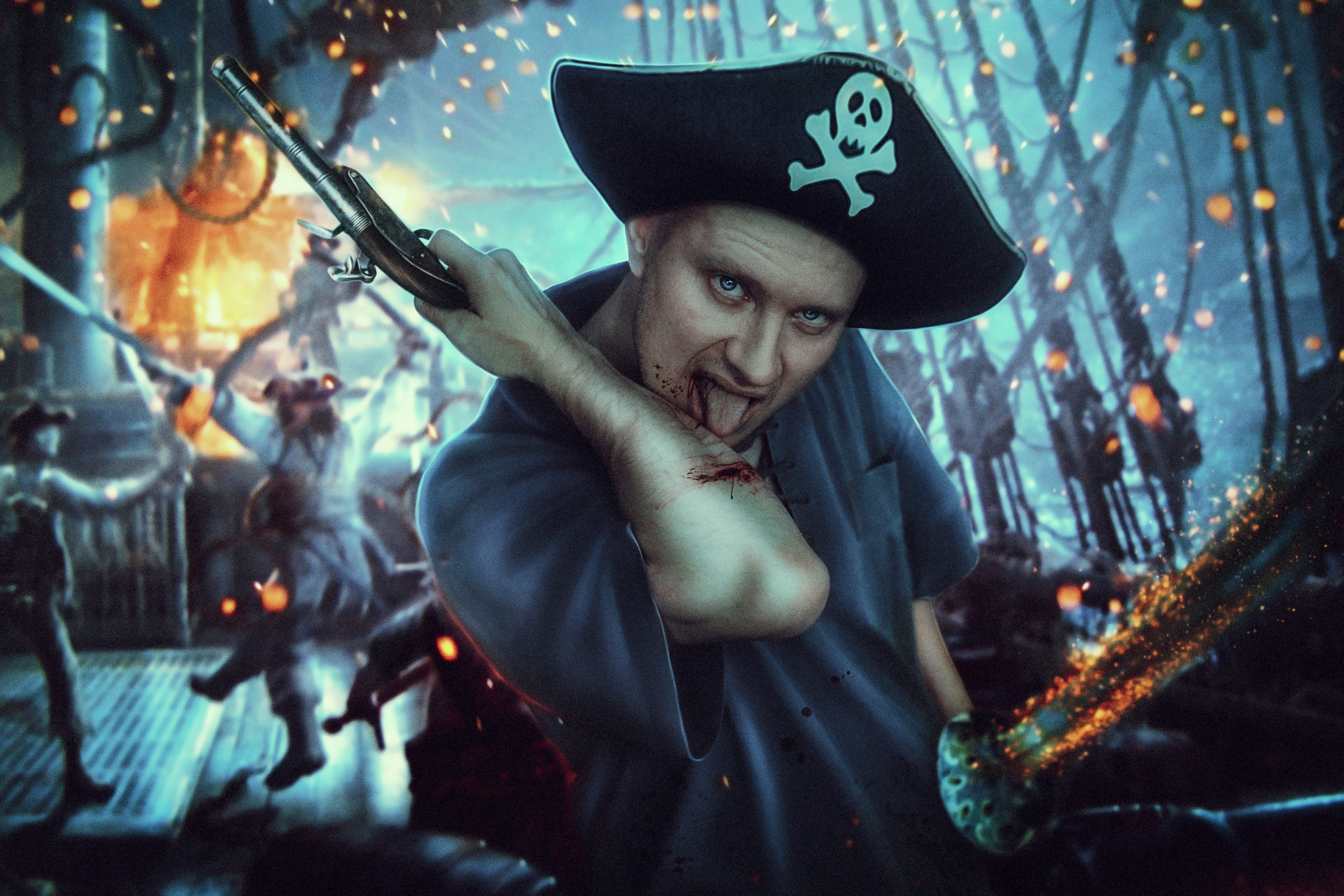 elbow, holding, skull, captain, fire, hat, event, boarding, blood, burning, arts culture and entertainment, young adult, ship, sword, flame, beautiful people, HD Wallpaper