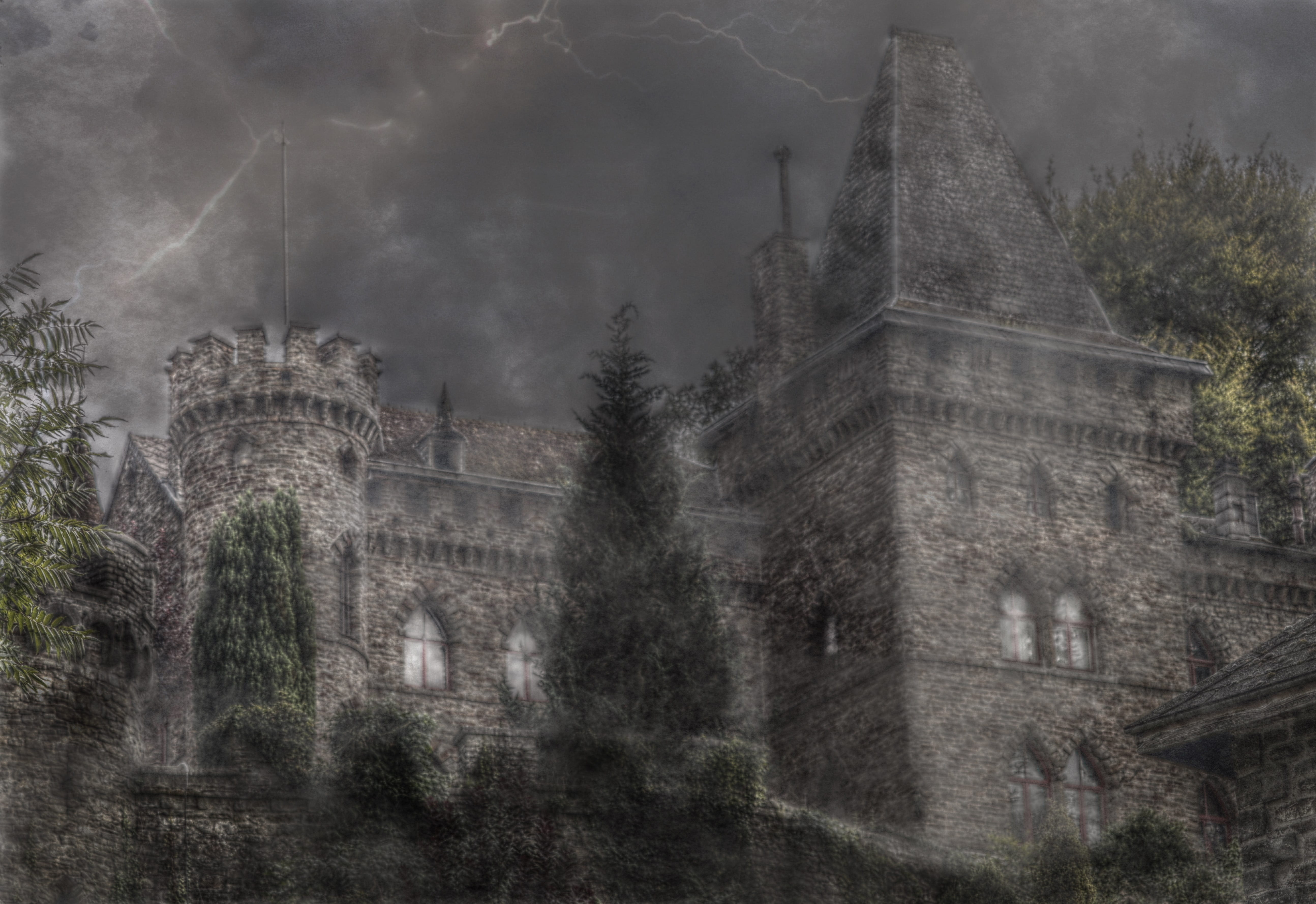 ancient, thunderstorm, the past, background, low angle view, tree, plant, hdr processing, wallpapper, history, template, built structure, mystical, outdoors, HD Wallpaper