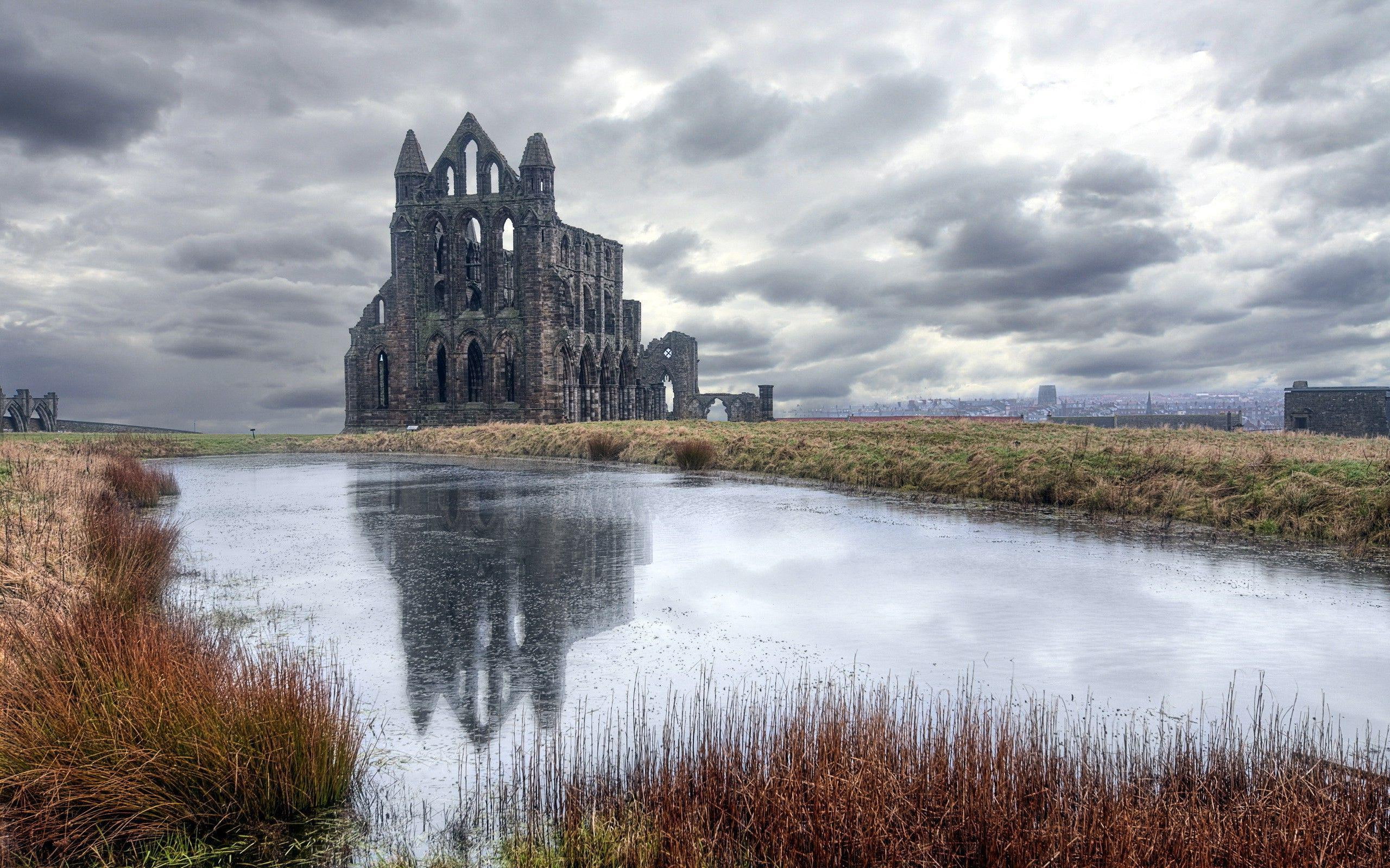 pond, grey, cloud, photography, ruin, field, castle, 2K, 2560x1600, concrete, catle, HD Wallpaper