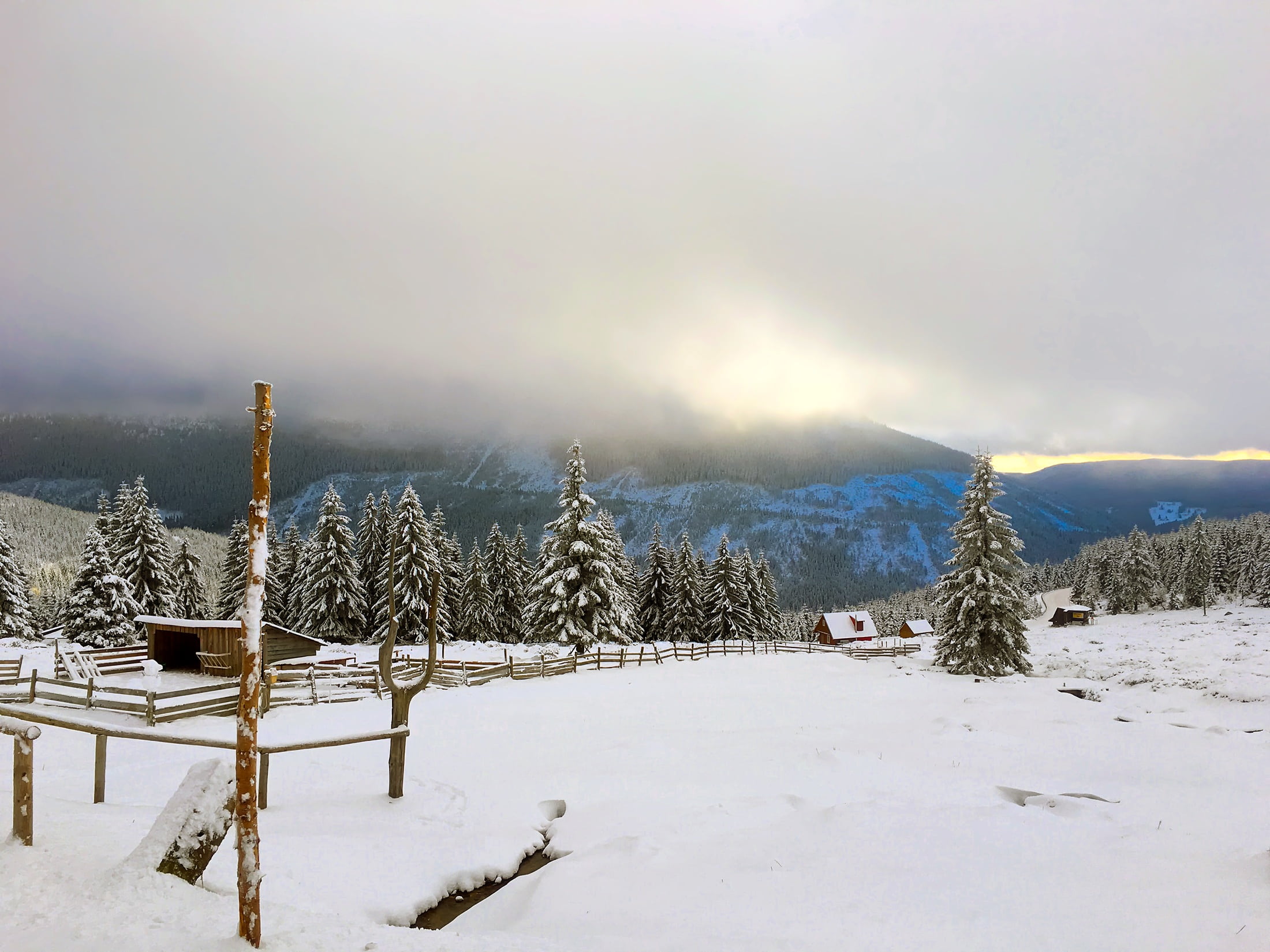 wooden, landscape, covered, woods, czech republic, snow, near, country, sunrise, land, cold, ski resort, house, scenics, countryside, brown, farm, mountains, HD Wallpaper