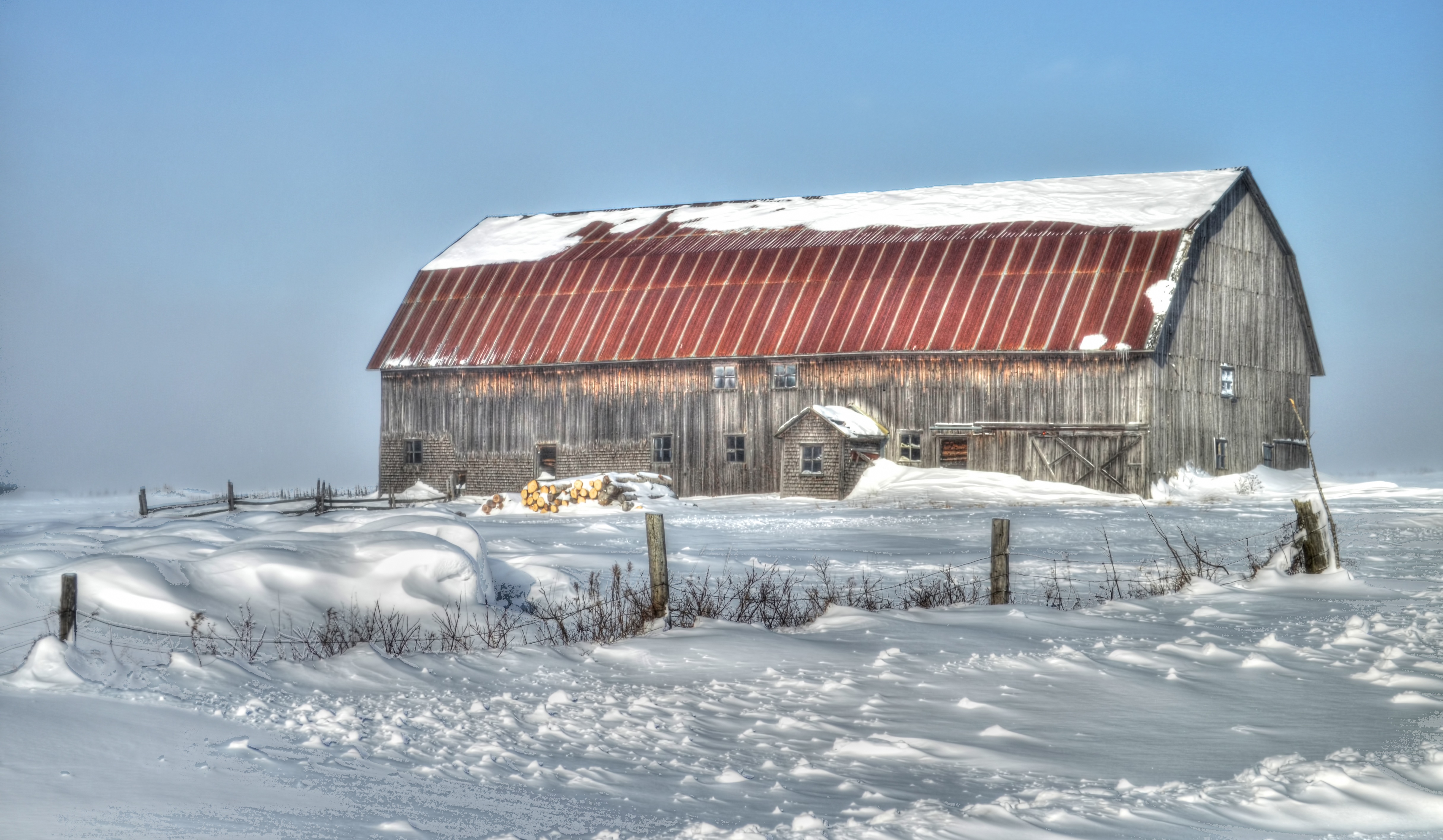 building, grange, house, abandoned, farm, cold temperature, brown, sky, white color, built structure, 4K, snow, white, winter, run-down, nature, no people, HD Wallpaper