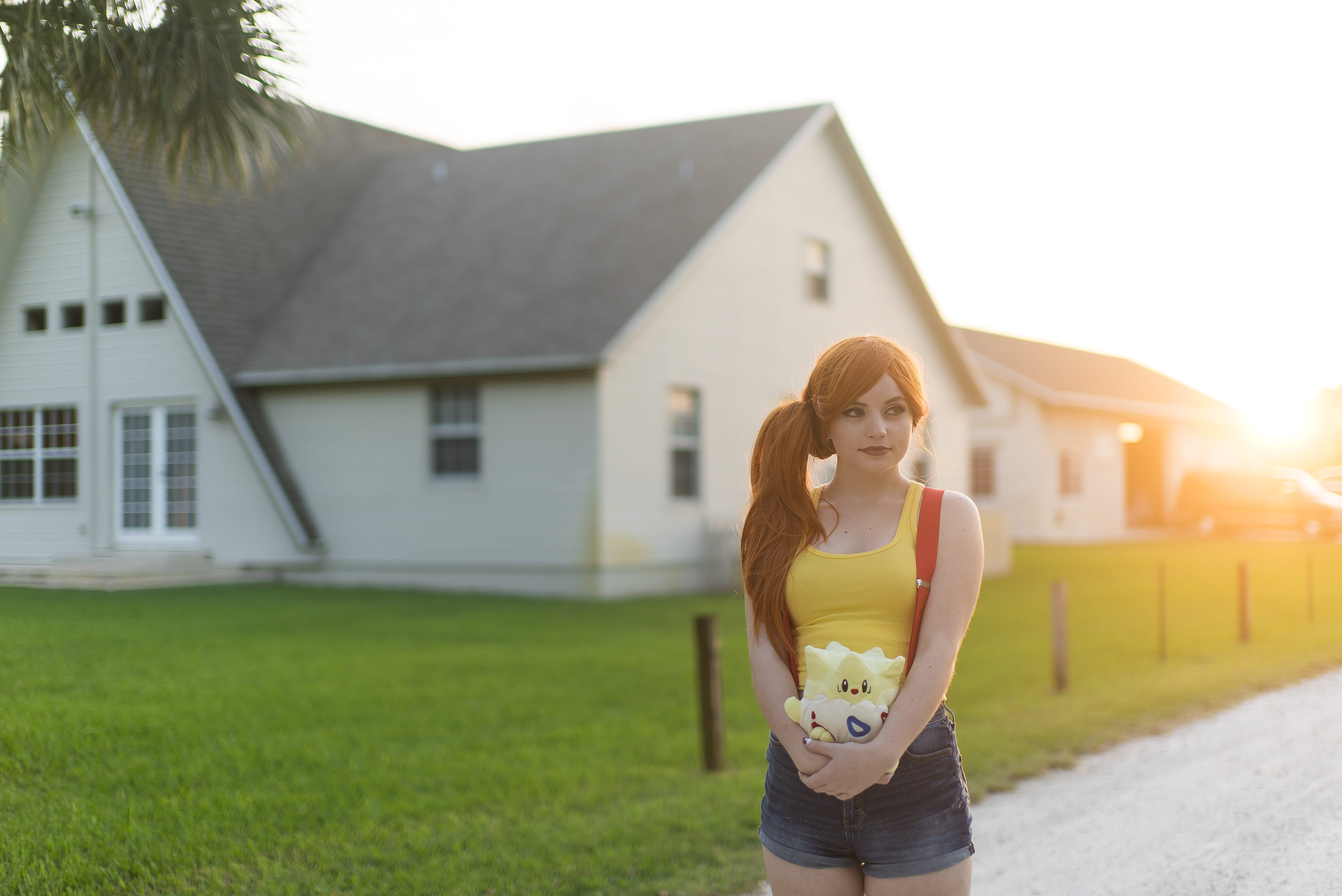 plush, palette, yellow, lens flare, woman, grass, 4K, emotion, built structure, building, architecture, wood, light, fence, lifestyles, white, house, gray, HD Wallpaper