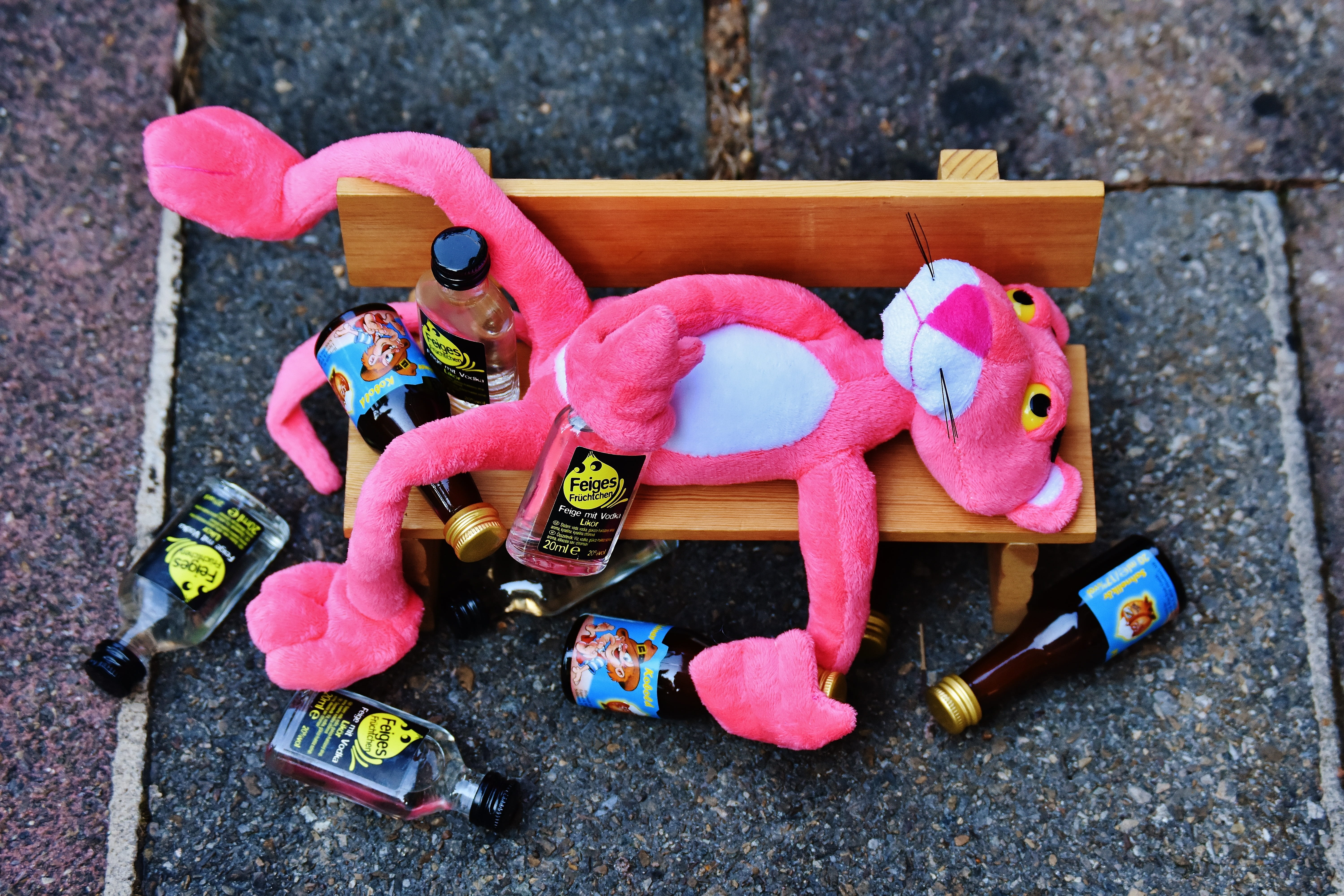 youth, bench, wood - material, street, sit, kid, recreation, no people, near, multi colored, cute, plush toy, bottles, still life, pink, panther, teddy bear, HD Wallpaper