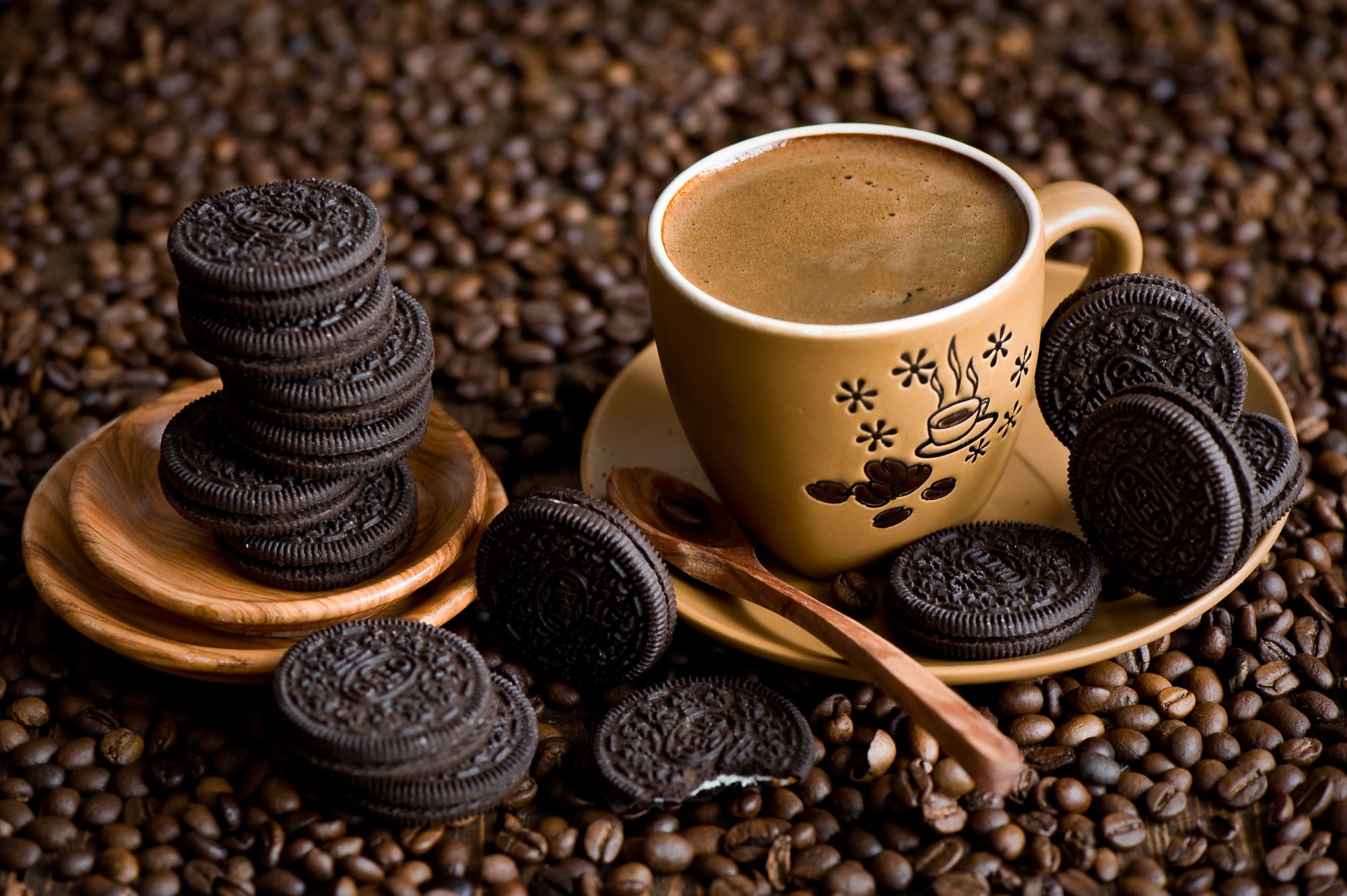 Oreos, 1080P, lunch, coffee, food, coffee beans, HD Wallpaper