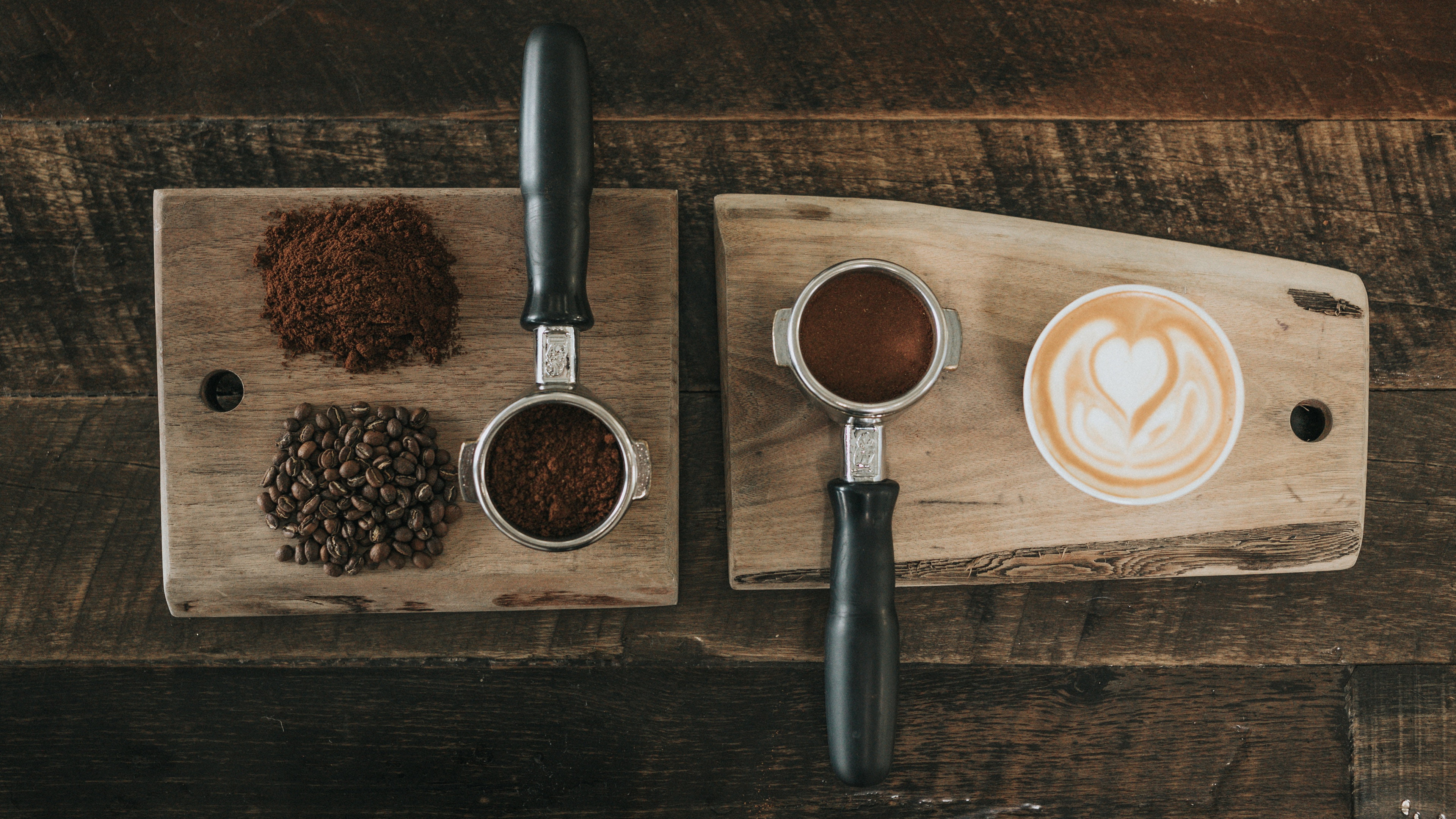 wooden surface, 4K, latte, coffee beans, ground coffee beans, wood, latte art, texture, coffee, HD Wallpaper