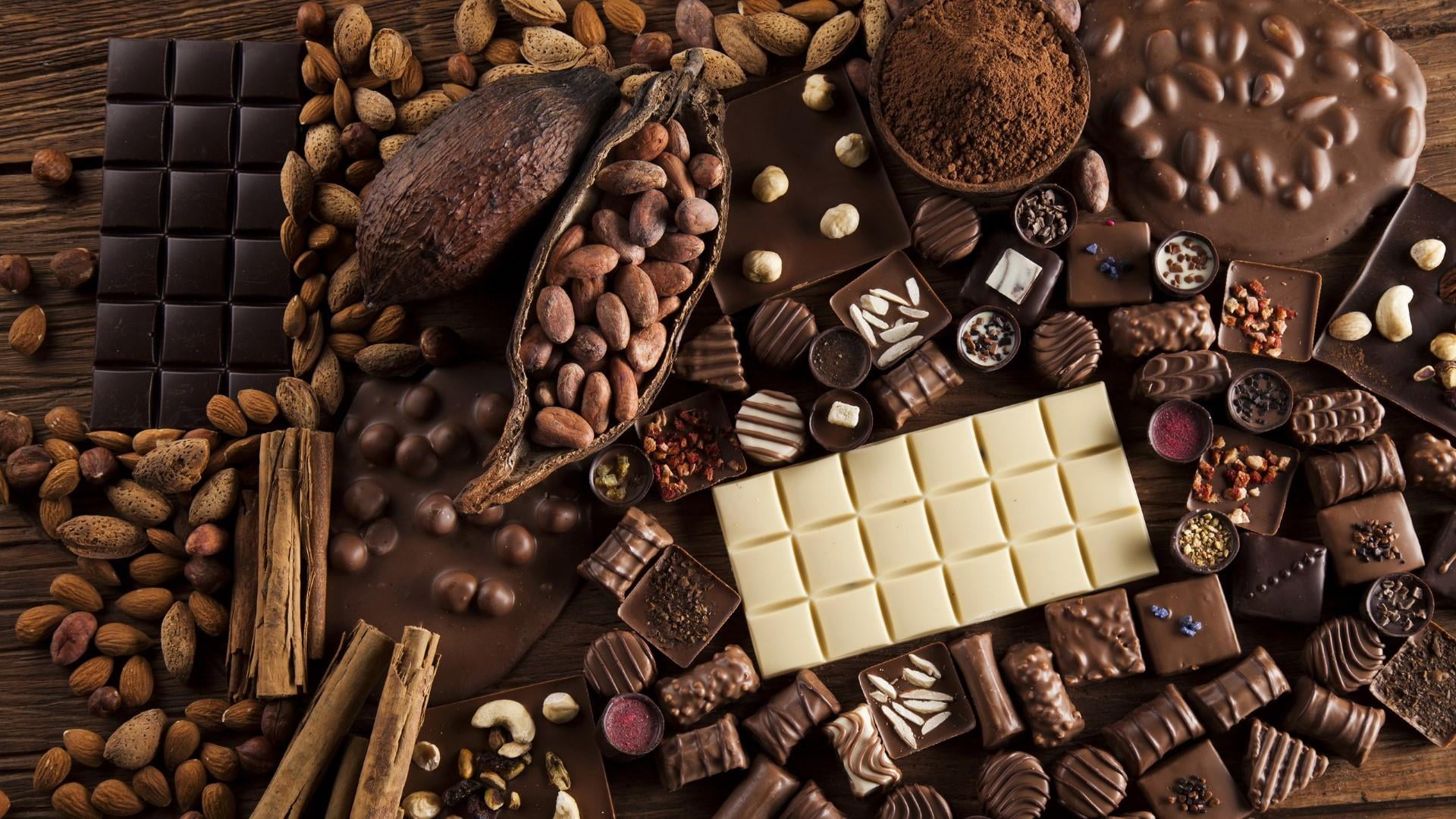 indoors, still life, freshness, no people, variation, cocoa bean, 1080P, flavor, high angle view, food and drink, abundance, chocolate bar, chocolate, HD Wallpaper