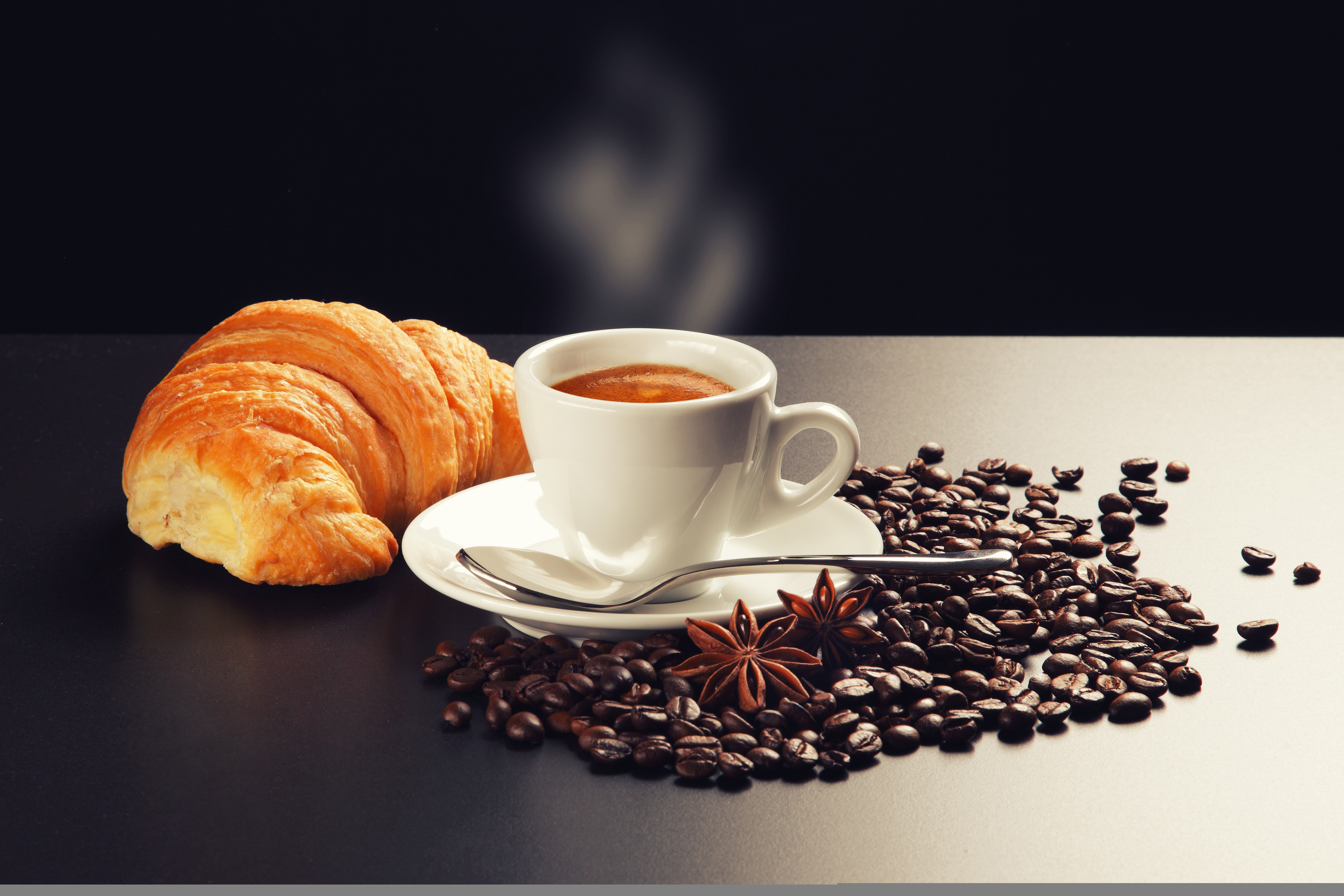 cup, freshness, croissant, hot drink, star anise, coffee, grain, meal, drink, indoors, smoke, mug, table, foam, 5K, cappuccino, ceramic, black background, HD Wallpaper