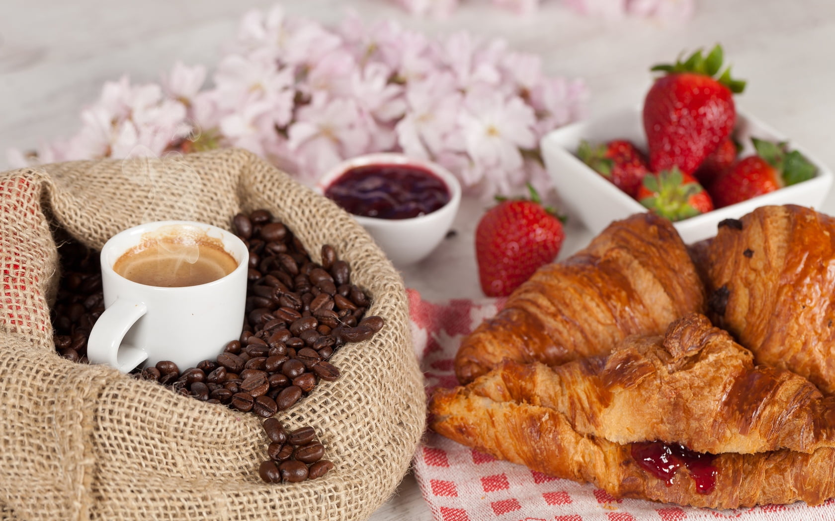 close-up, bread, fried, strawberries, beside, cafe, snack, 720P, freshness, drink, espresso, no people, still life, food, heat - Temperature, jam, plate, HD Wallpaper
