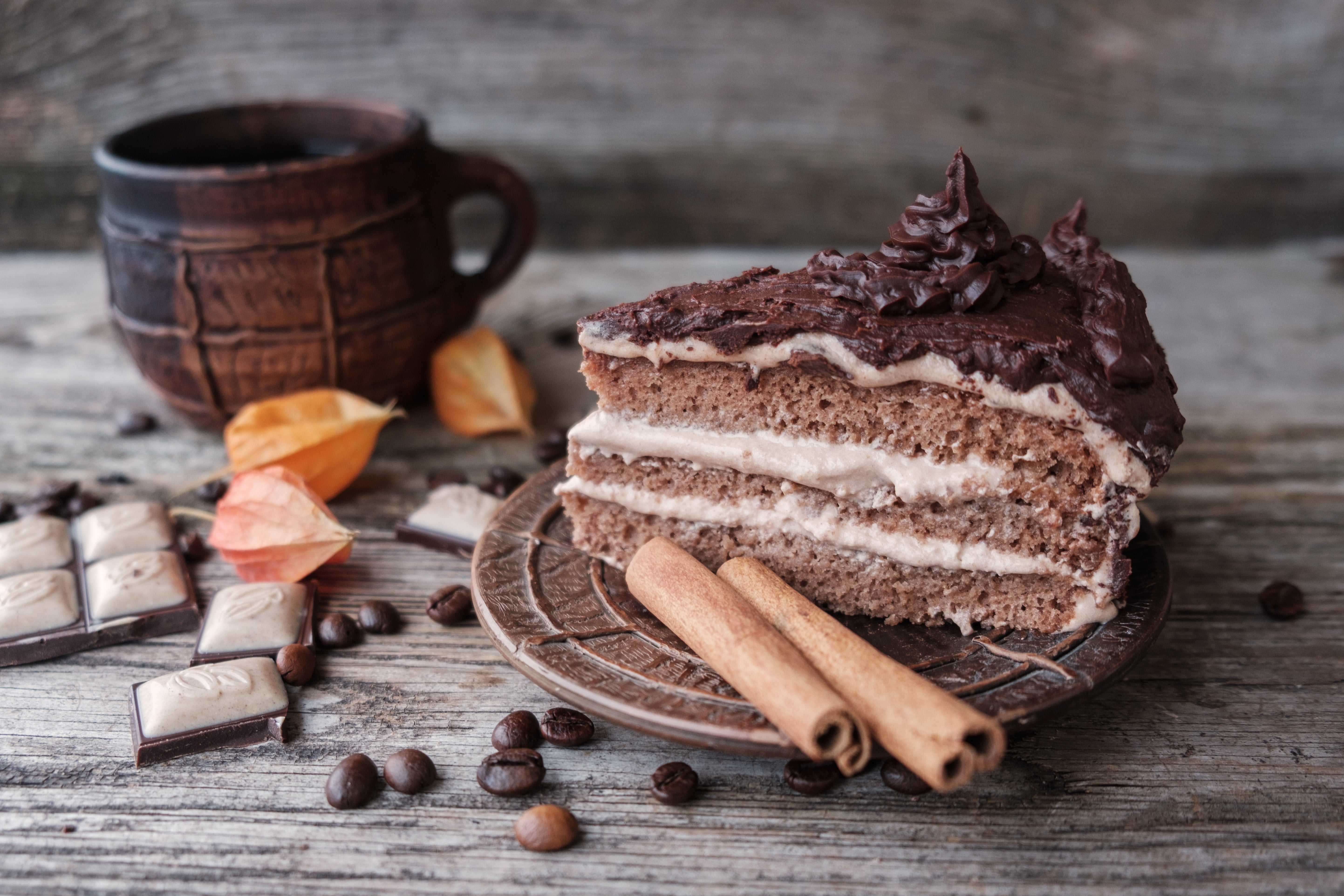chocolate, Cup, piece, dessert, 5K, cream, cake, beans, coffee, grain, cinnamon, HD Wallpaper