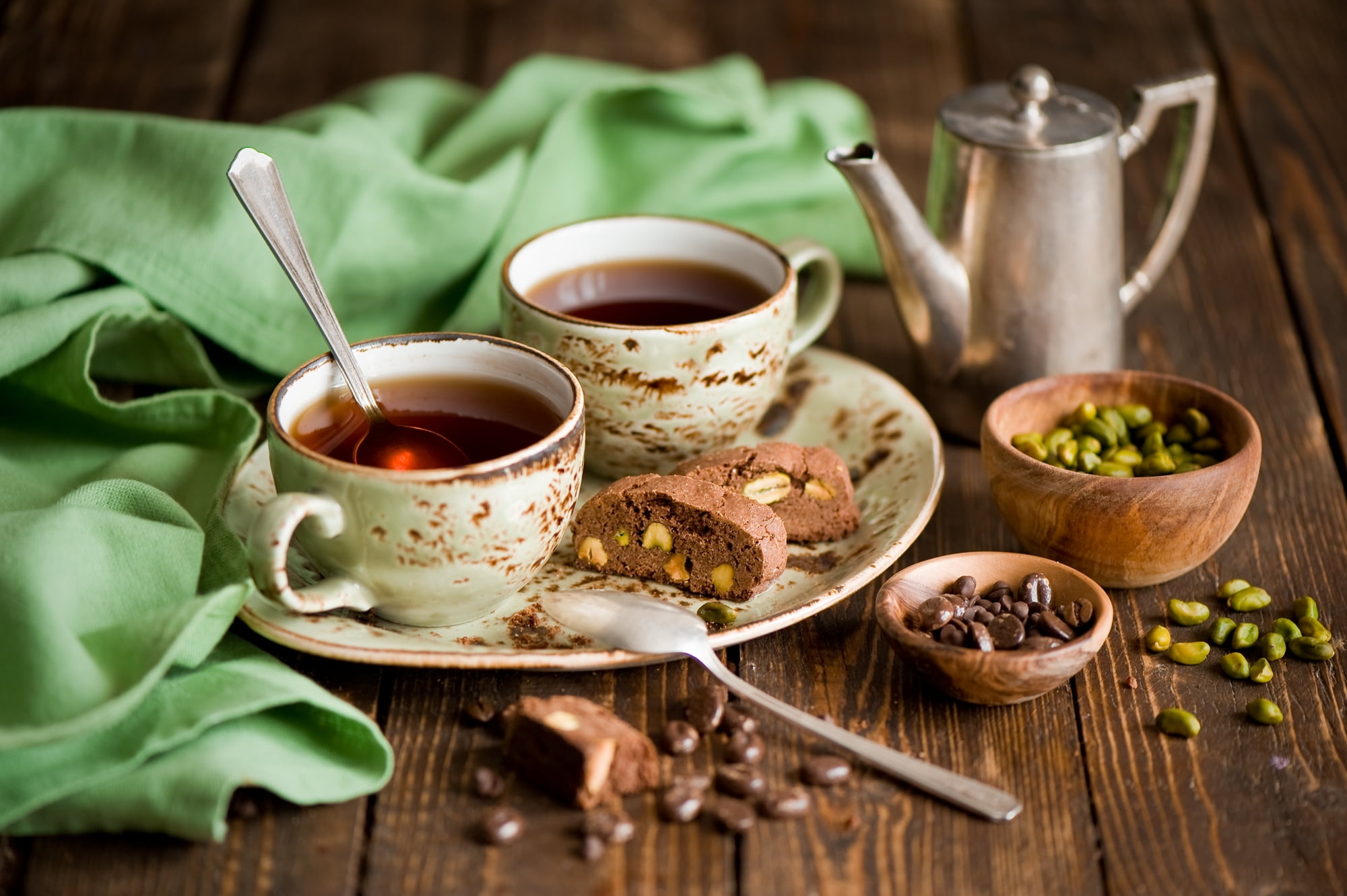 heat - Temperature, teacups, brown, corn, cultures, drink, spoons, food and drink, tea cup, morning, tea, healthy eating, white, dessert, herb, pistachios, HD Wallpaper