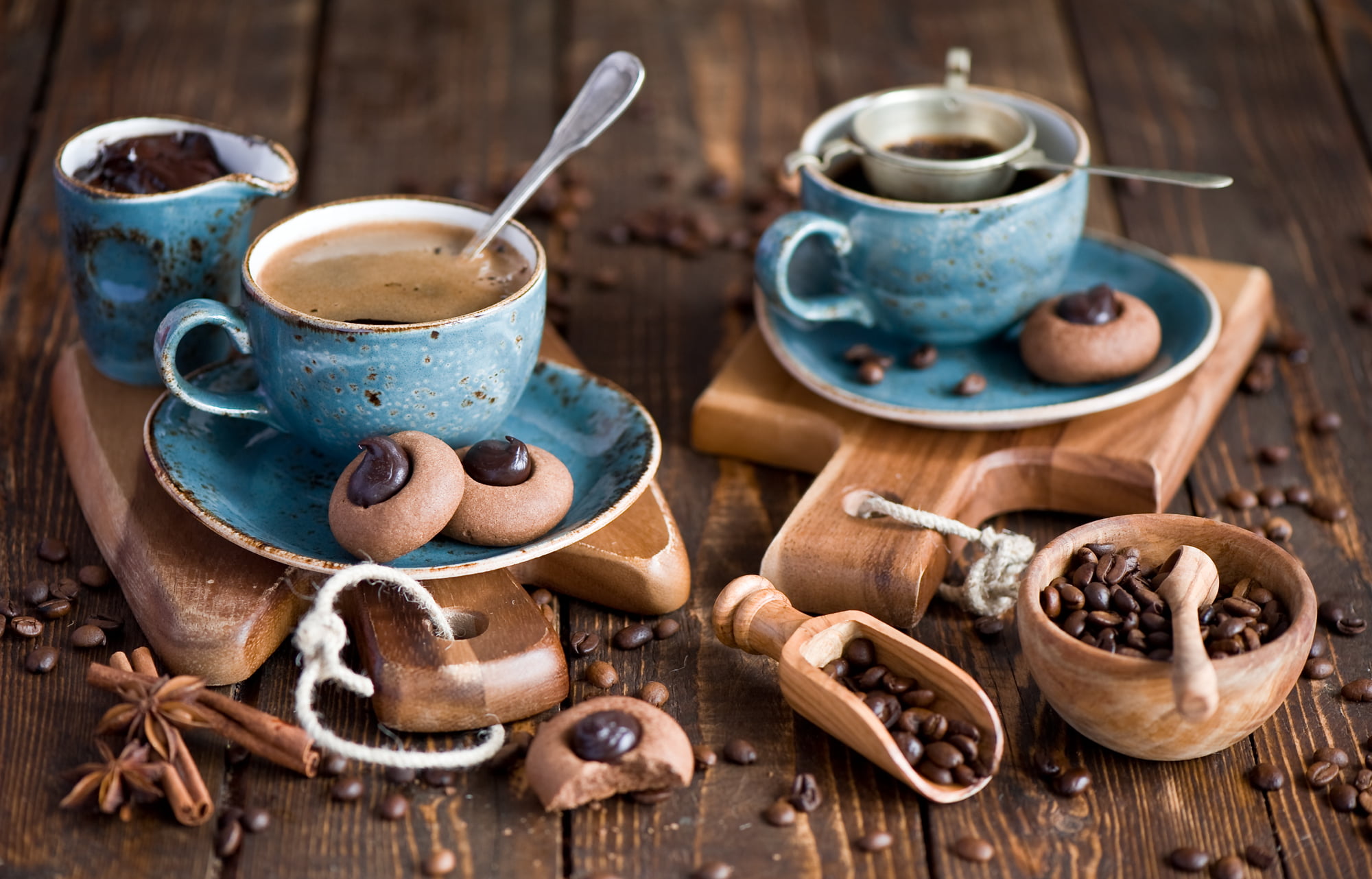 Board, coffee, cakes, spoon, Cup, food, spices, cookies, hot drink, kitchen utensil, spice, set, 1080P, Anna Verdina, two, mug, brown, roasted coffee bean, HD Wallpaper