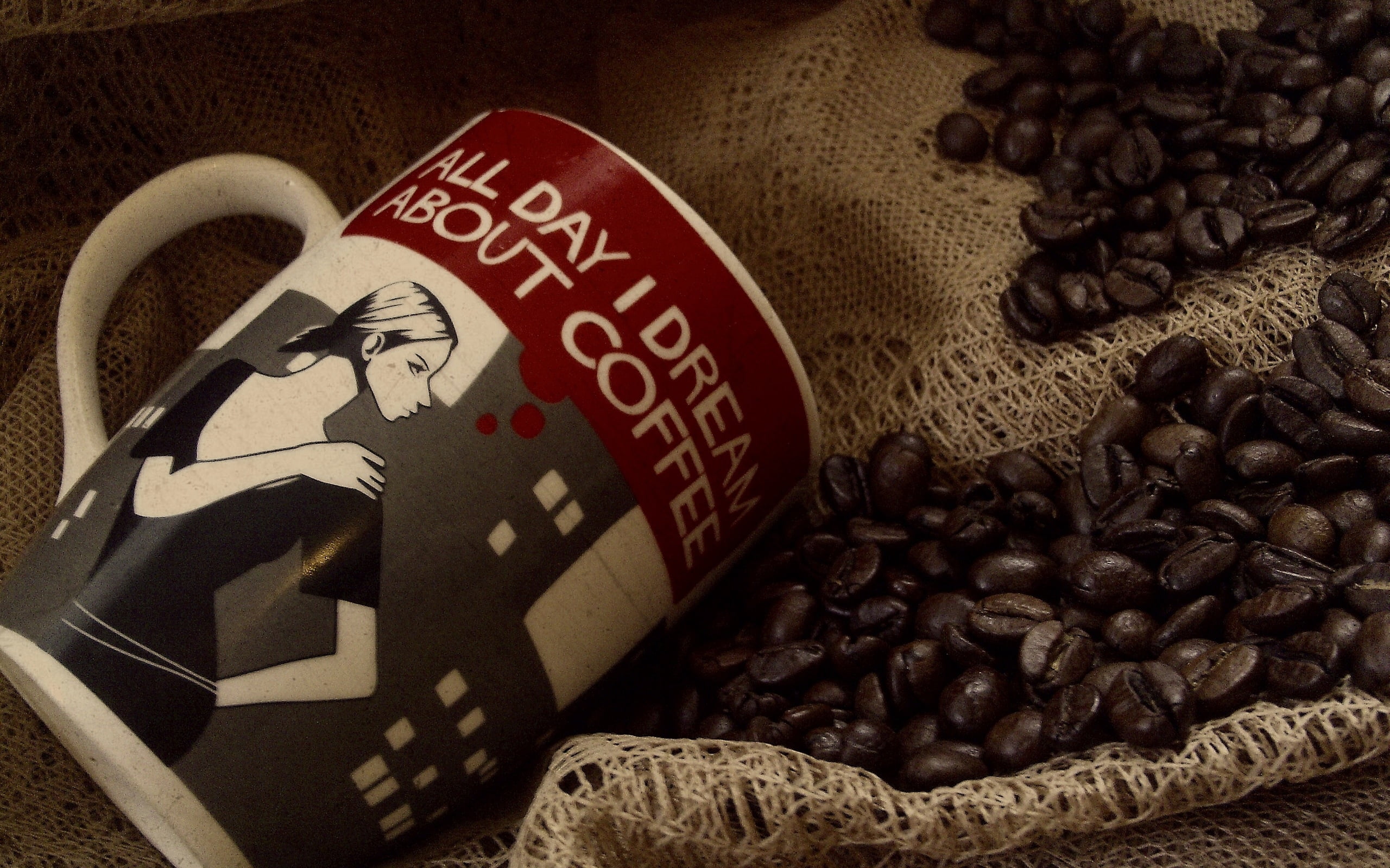 bag, representation, seed, coffee, caffeine, freshness, coffee - Drink, scented, mug, container, red, heart shape, mocha, brown, latte, text, large group of objects, HD Wallpaper