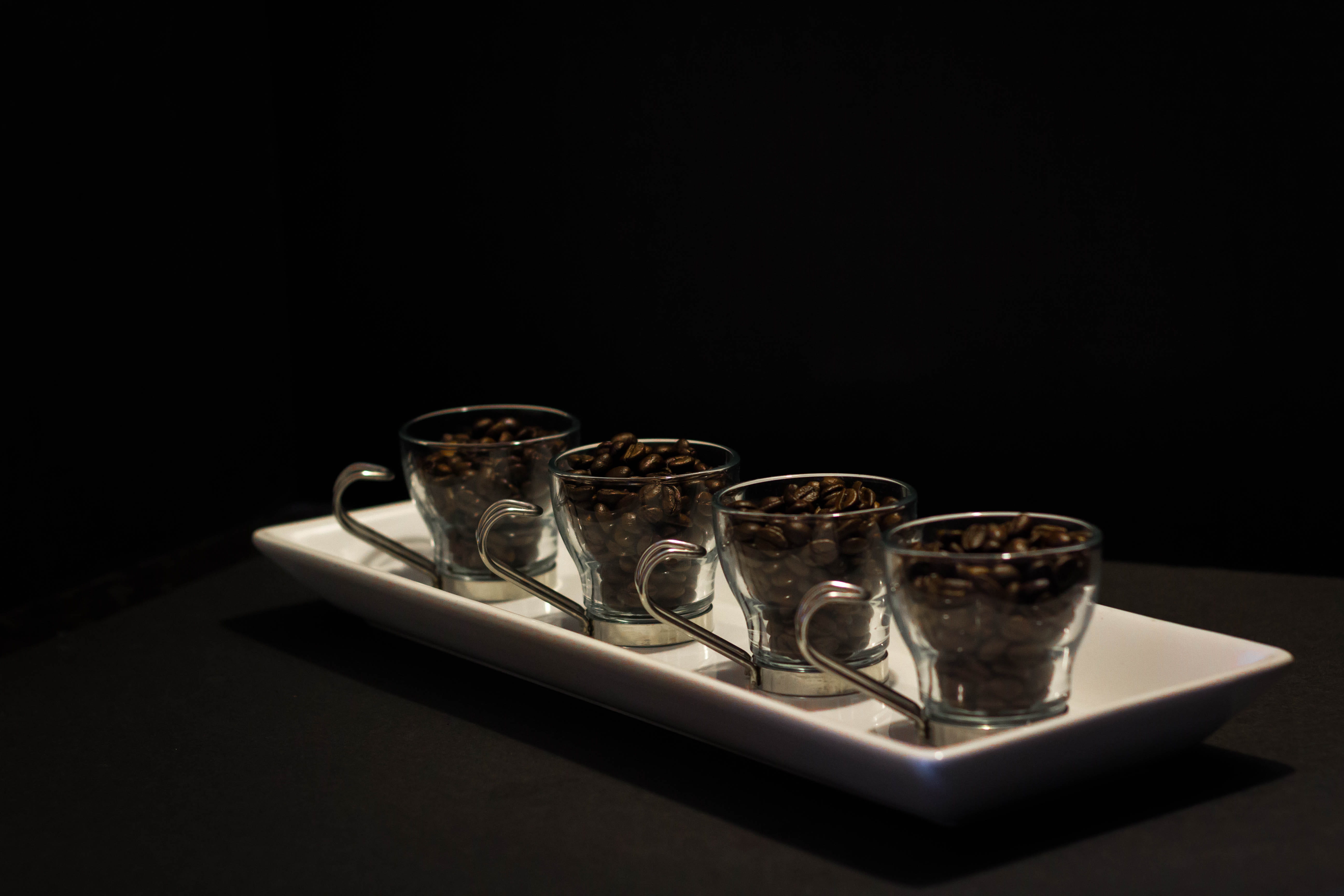 5K, drinking Glass, transparent, table, close up, coffee beans, refreshment, Series #1, coffee, Espresso, black background, no people, drink, series, empty, HD Wallpaper