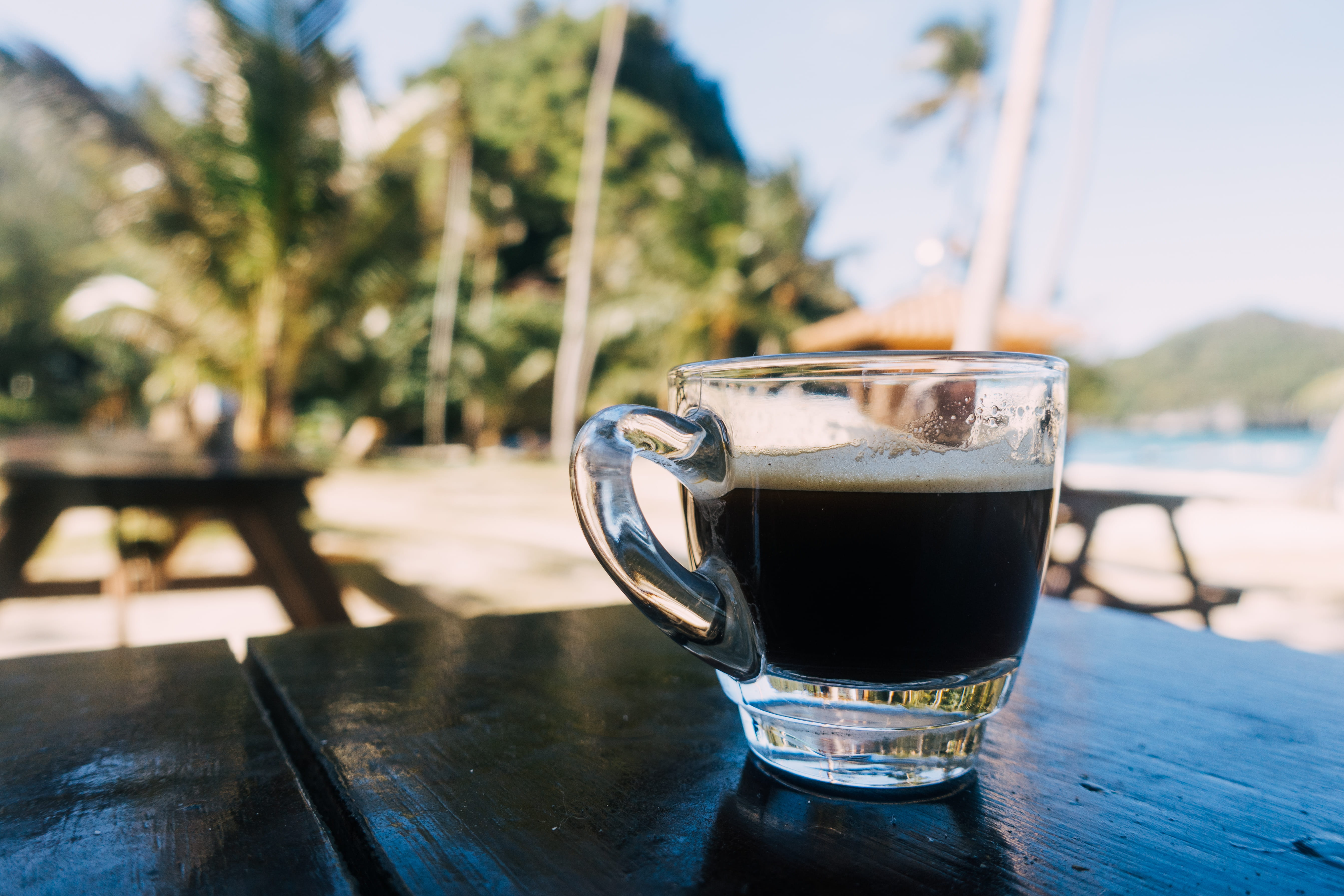Espresso, sunlight, 5K, crockery, cup, water, outdoors, food and drink, still life, heat - Temperature, coffee - drink, table, no people, close-up, drinking glass, HD Wallpaper