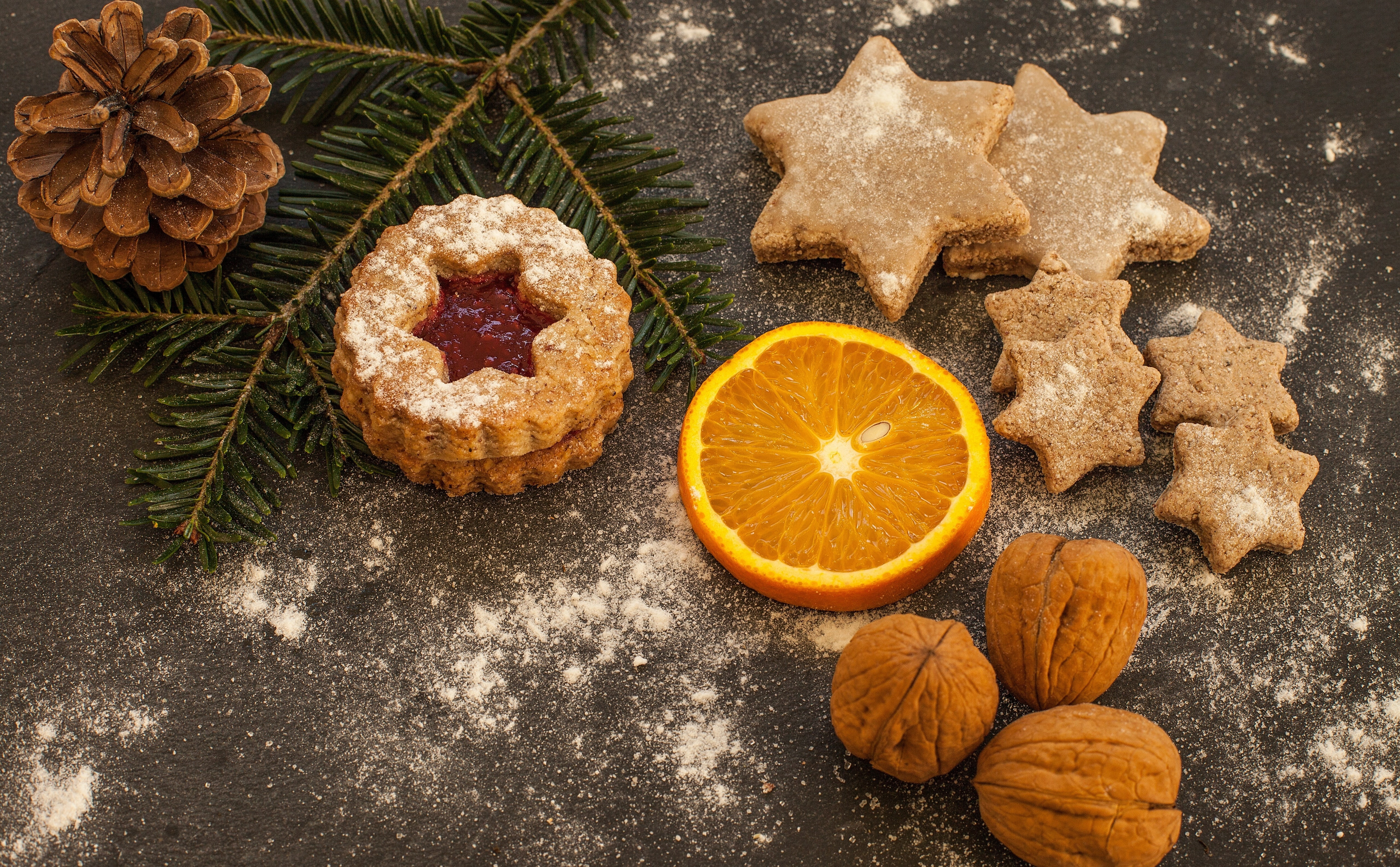 star shape, nutrition, products, citrus fruit, indoors, nuts, vanillekipferl, powdered sugar, Orange, juicy, icingsugar, Decoration, needlebranch, baked, HD Wallpaper