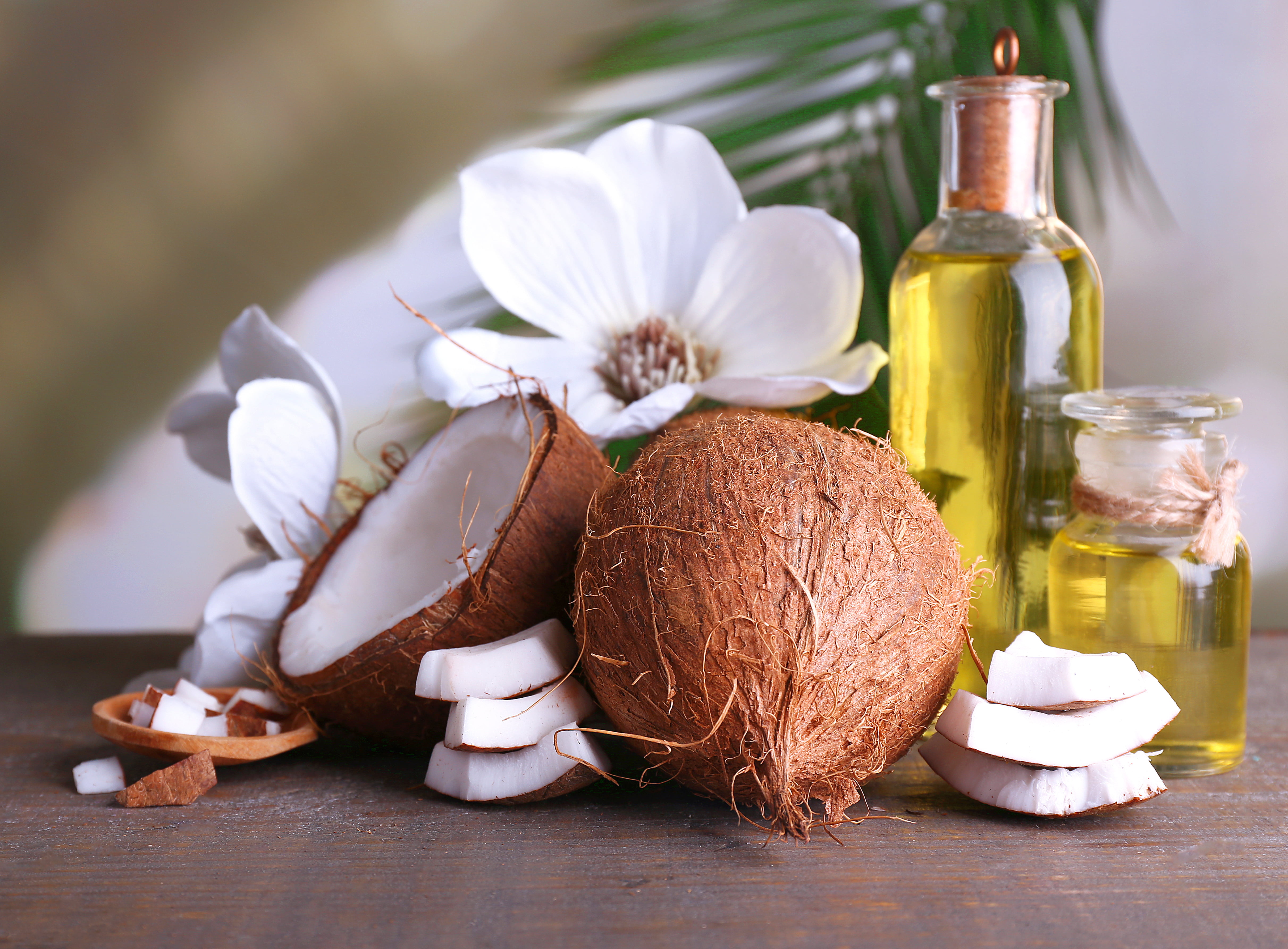 flower, aromatherapy, close-up, food, wood - material, freshness, coconut, brown, white color, plant, exotic, wellbeing, still life, no people, food and drink, HD Wallpaper