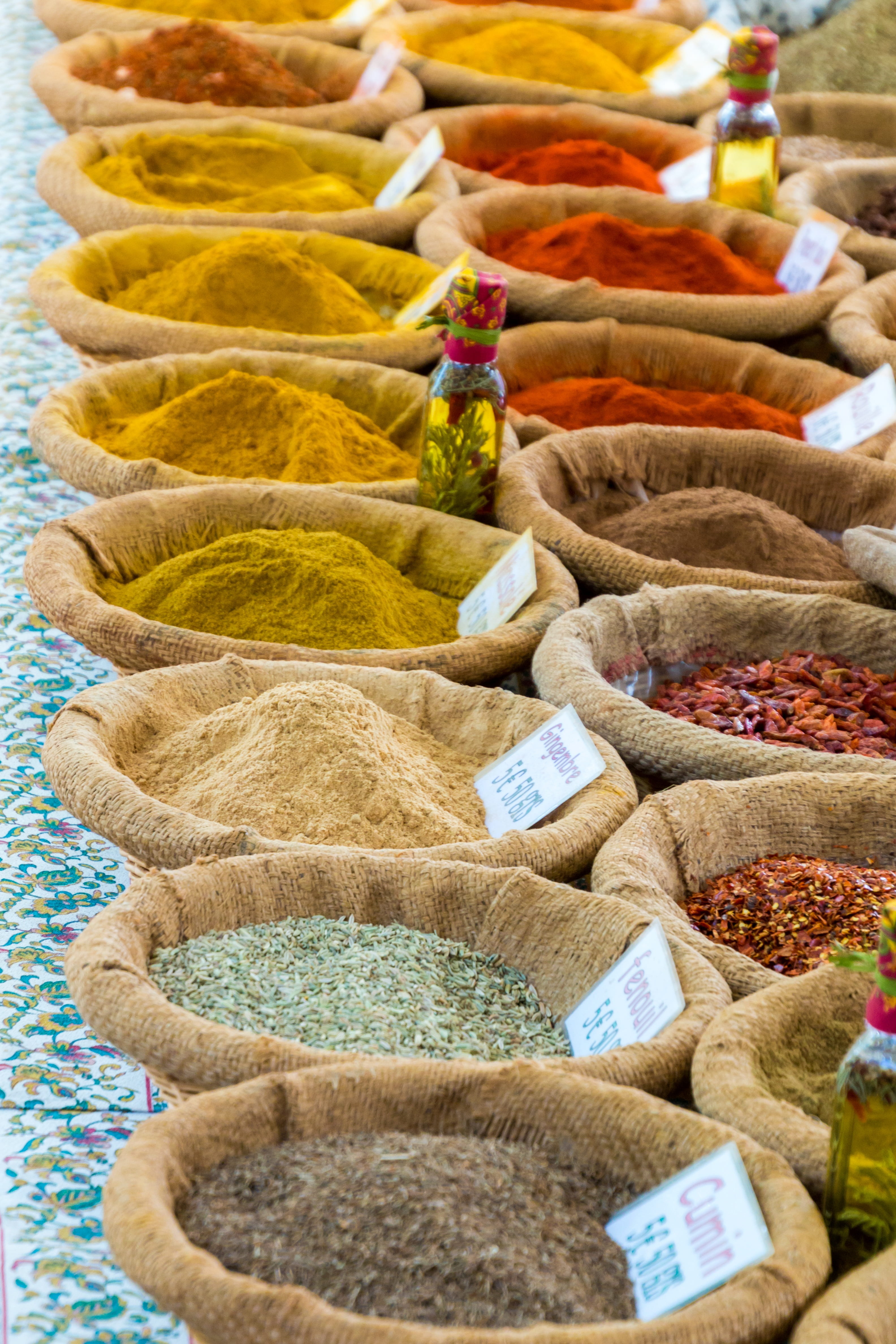food, dried food, multi colored, sack, for sale, chili, assorted, lot, tunisia, saffron, pepper, curry powder, abundance, retail display, in a row, food and drink, Phone HD Wallpaper