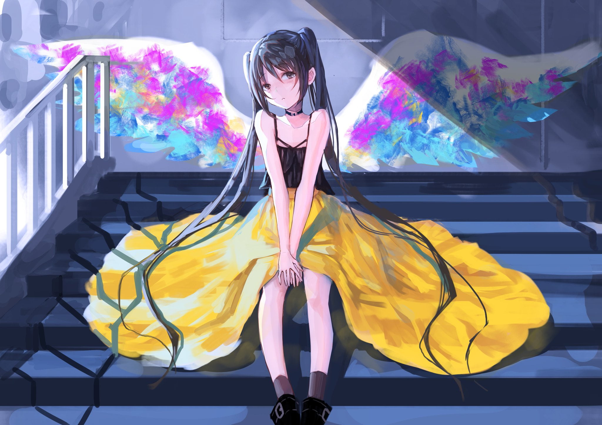 anime girls, lifestyles, women, females, long hair, wings, front view, real people, sitting, leisure activity, yellow, brunette, young women, looking away, HD Wallpaper