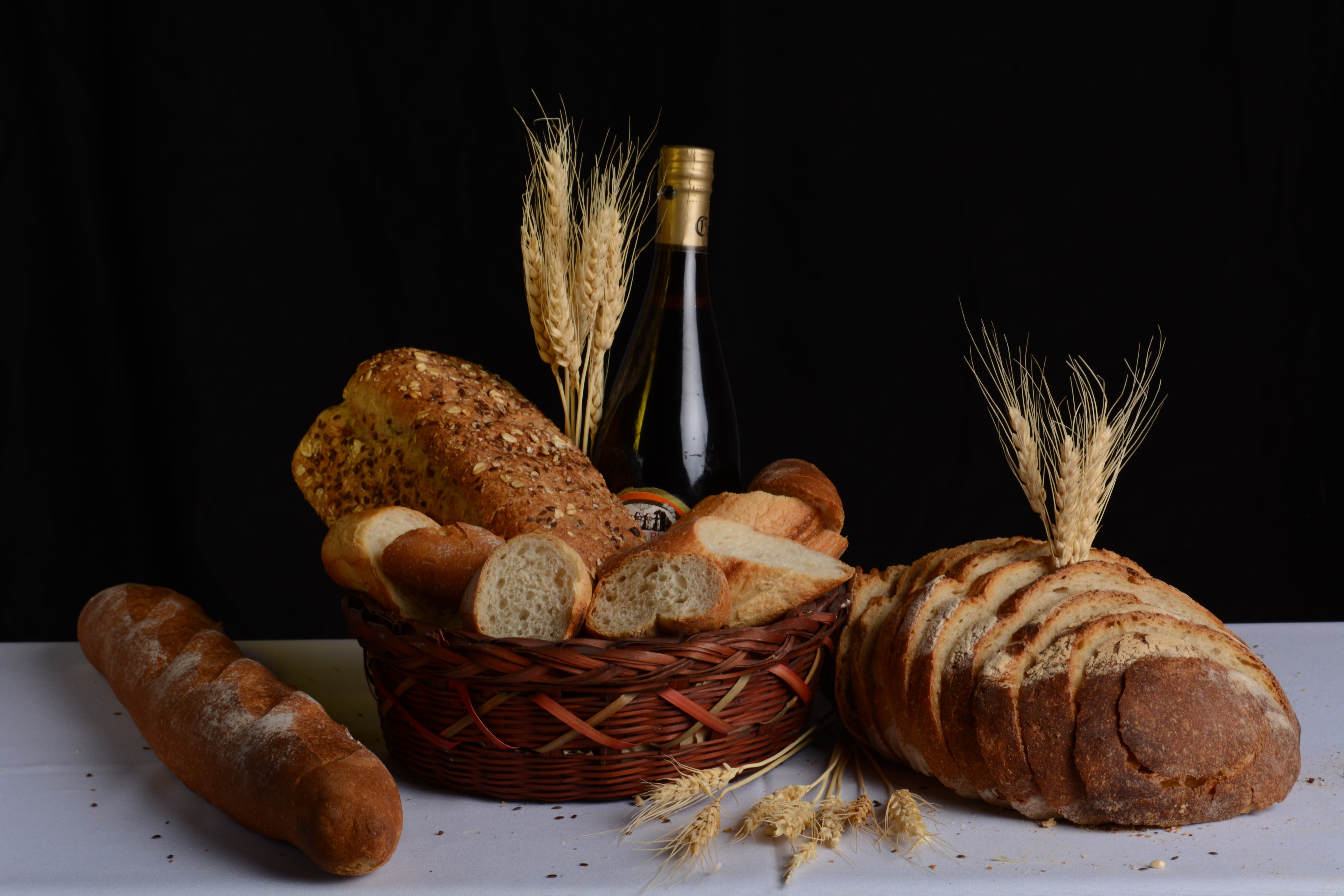 indoors, cereal plant, brown bread, photography, food and drink, basket, variation, close-up, wellbeing, life, healthy eating, food, wheat, breads, black background, HD Wallpaper