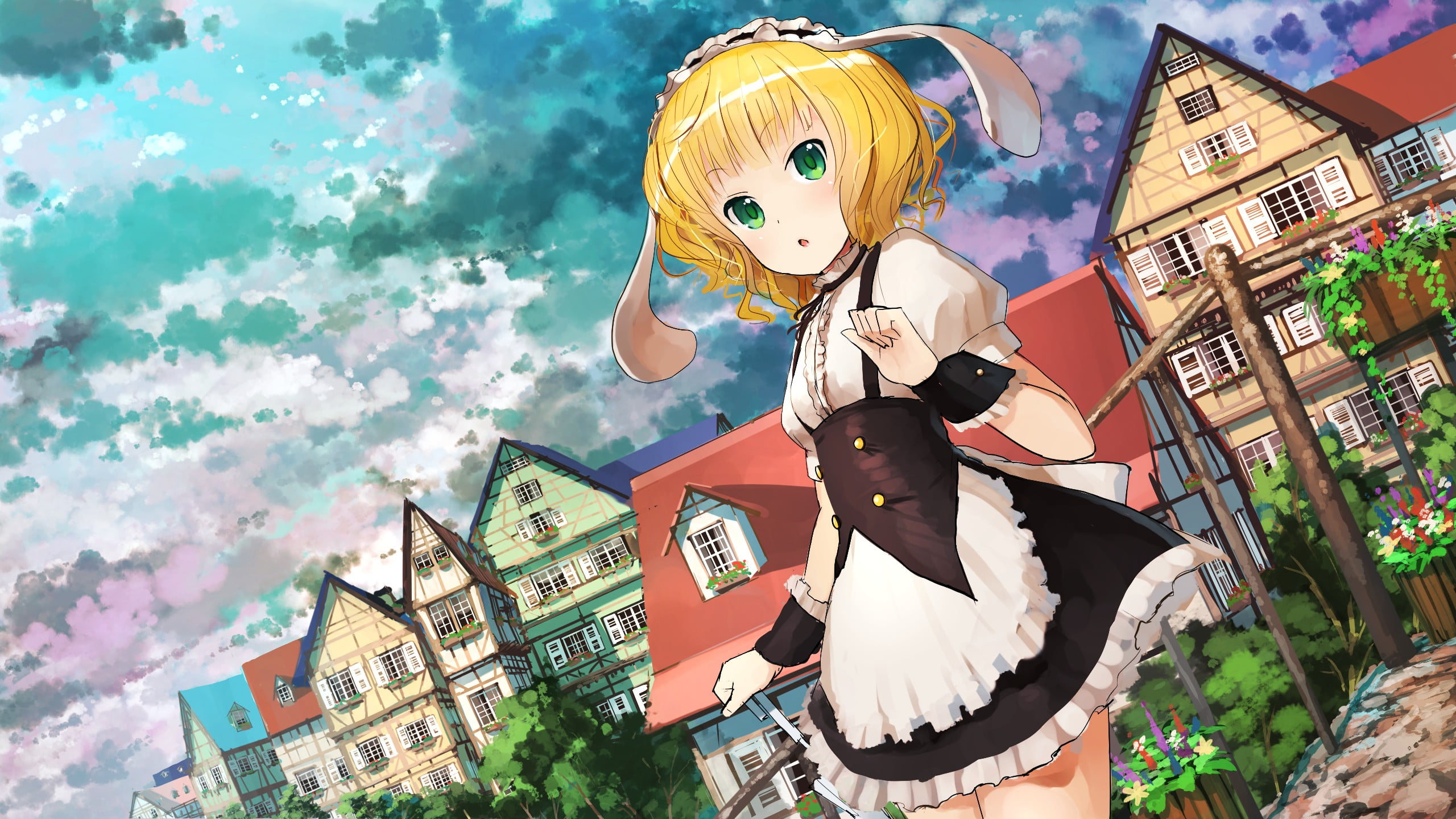 Kirima Sharo, maid, city, blonde, anime, male likeness, day, celebration, anime girls, real people, sky, leisure activity, building exterior, nature, Gochuumon wa Usagi Desu ka?, HD Wallpaper