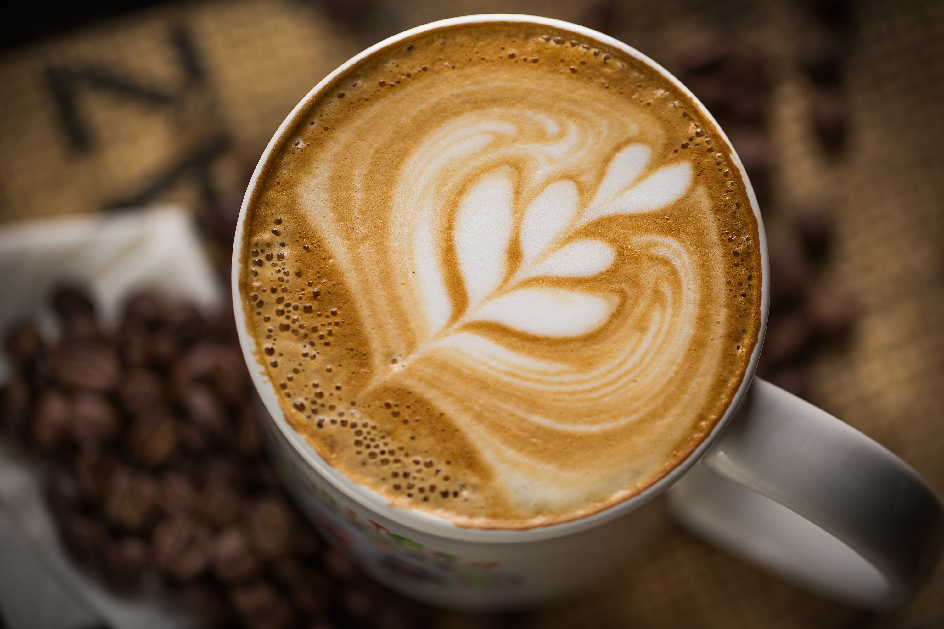 drink, cup, cappuccino, 2K, coffee, white, foam, grain, mug, pattern, HD Wallpaper