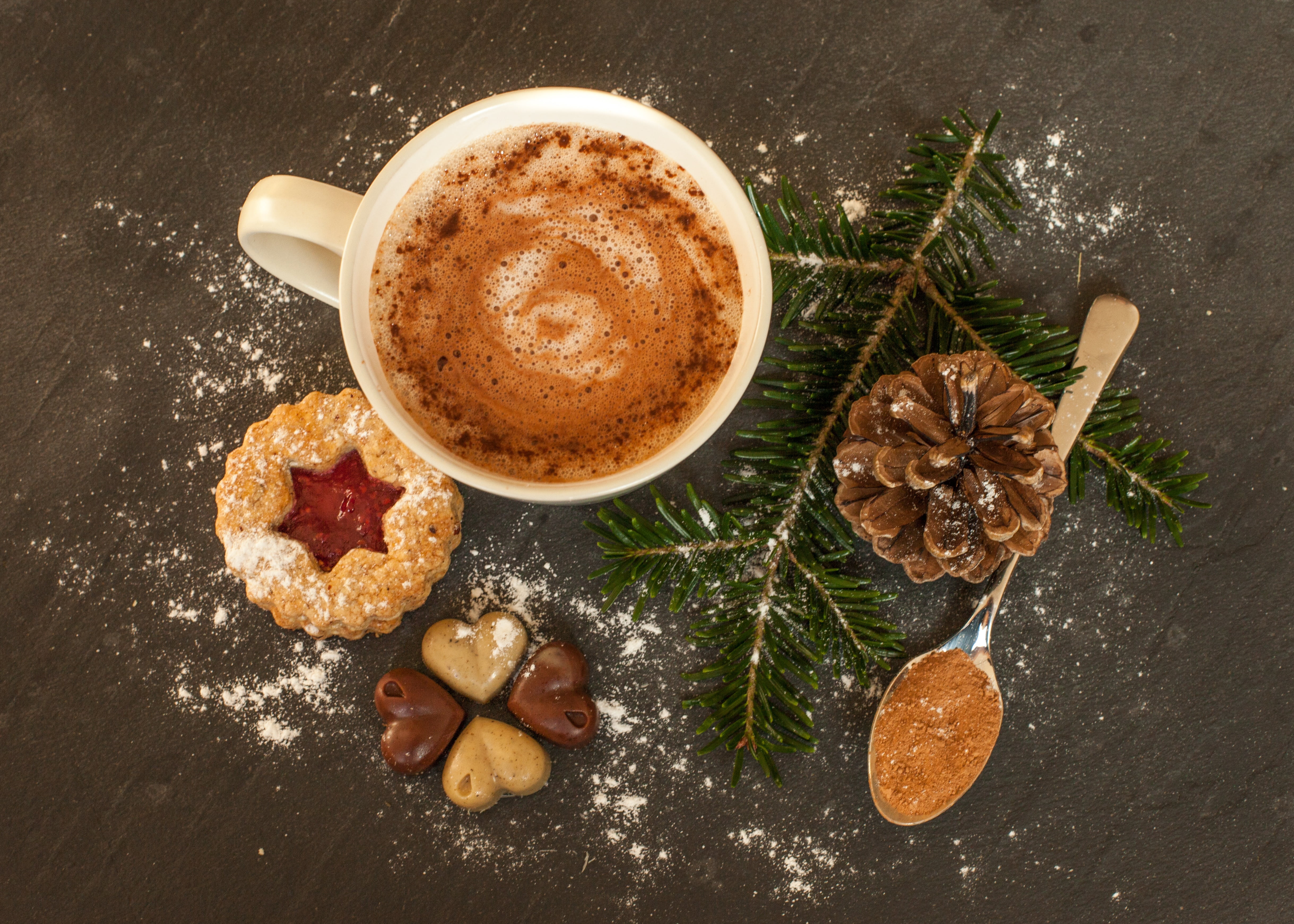 cappuccino, high angle view, cocoa, nutrition, mug, chocolate, sweet food, coffee - drink, delicious, vegan, pine cones, hot chocolate, food and drink, HD Wallpaper