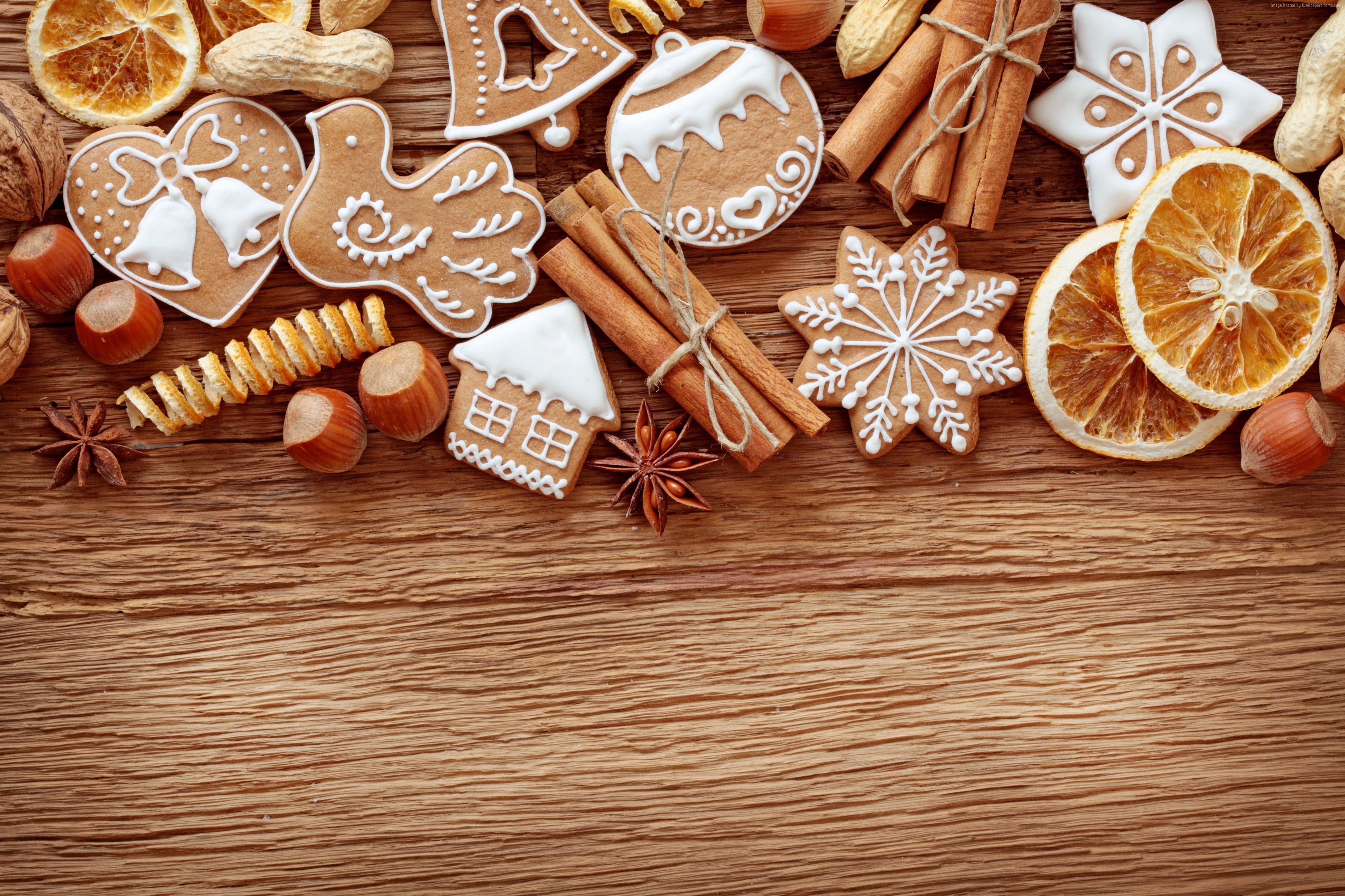 4K, New Year, decoration, star shape, gingerbread cookie, celebration, directly above, celebration event, cookie, still life, orange, shape, table, creativity, HD Wallpaper