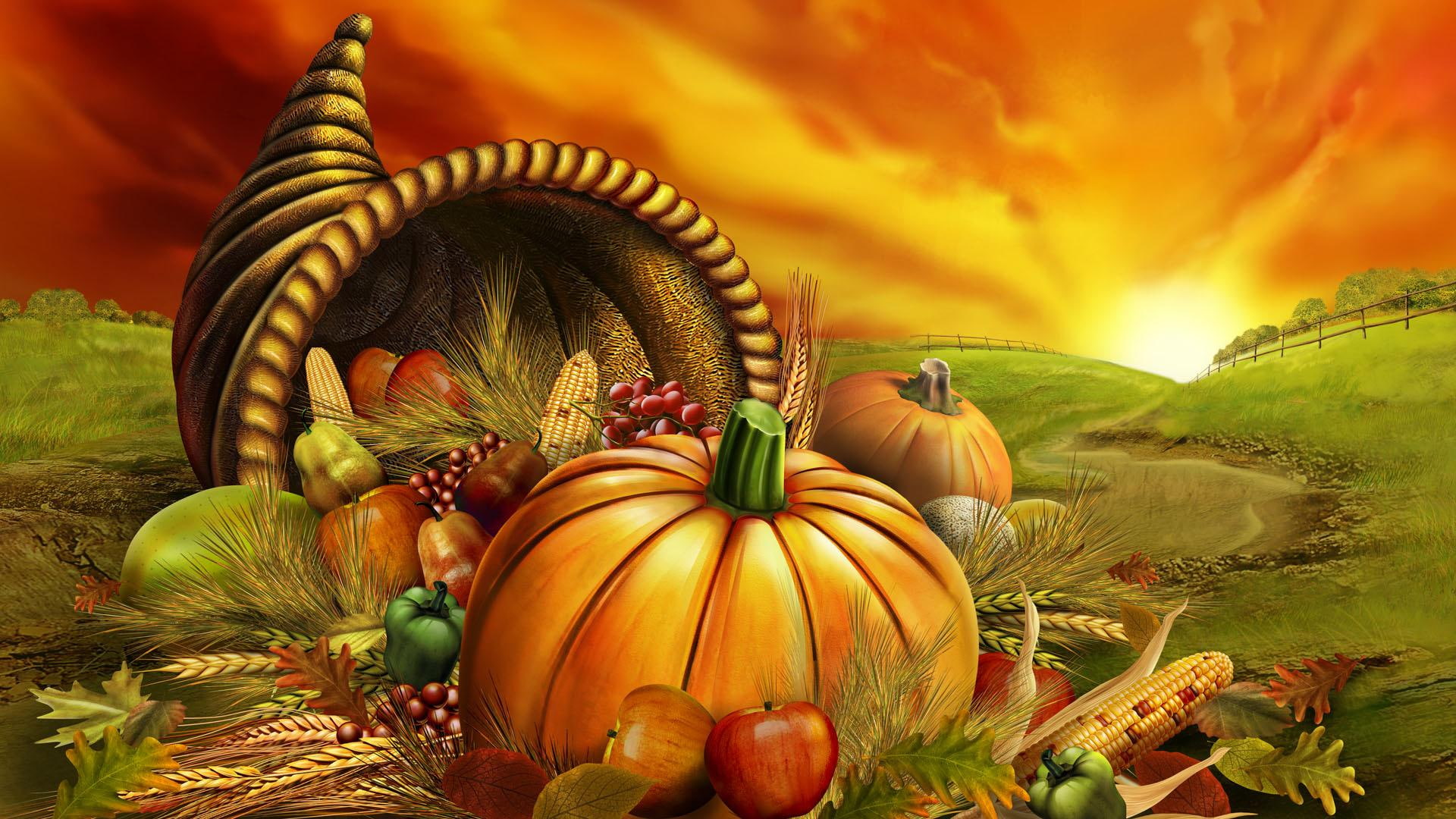 thanksgiving, richness, colors, day, 3d and cg, 1080P, orange, pumpkin, erntedankfest, halloween, cornucopia, graphics, HD Wallpaper