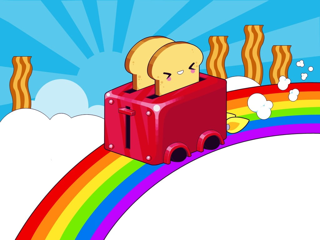 vibrant color, multi colored, sky, art and craft, illustration, colorful, digital art, arts culture and entertainment, 480P, rainbows, toaster, red, blue background, HD Wallpaper