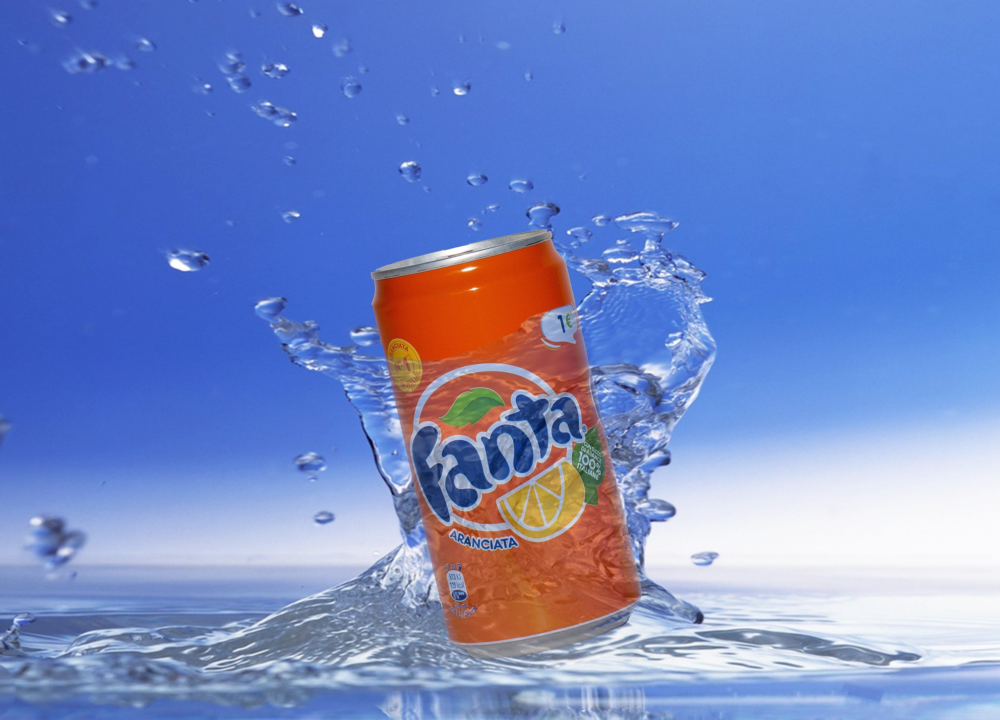 blue, motion, fanta, sea, 2K, household equipment, blue background, drinking glass, refreshment, advertising, transparent, drinks, can, splashing, glass, HD Wallpaper