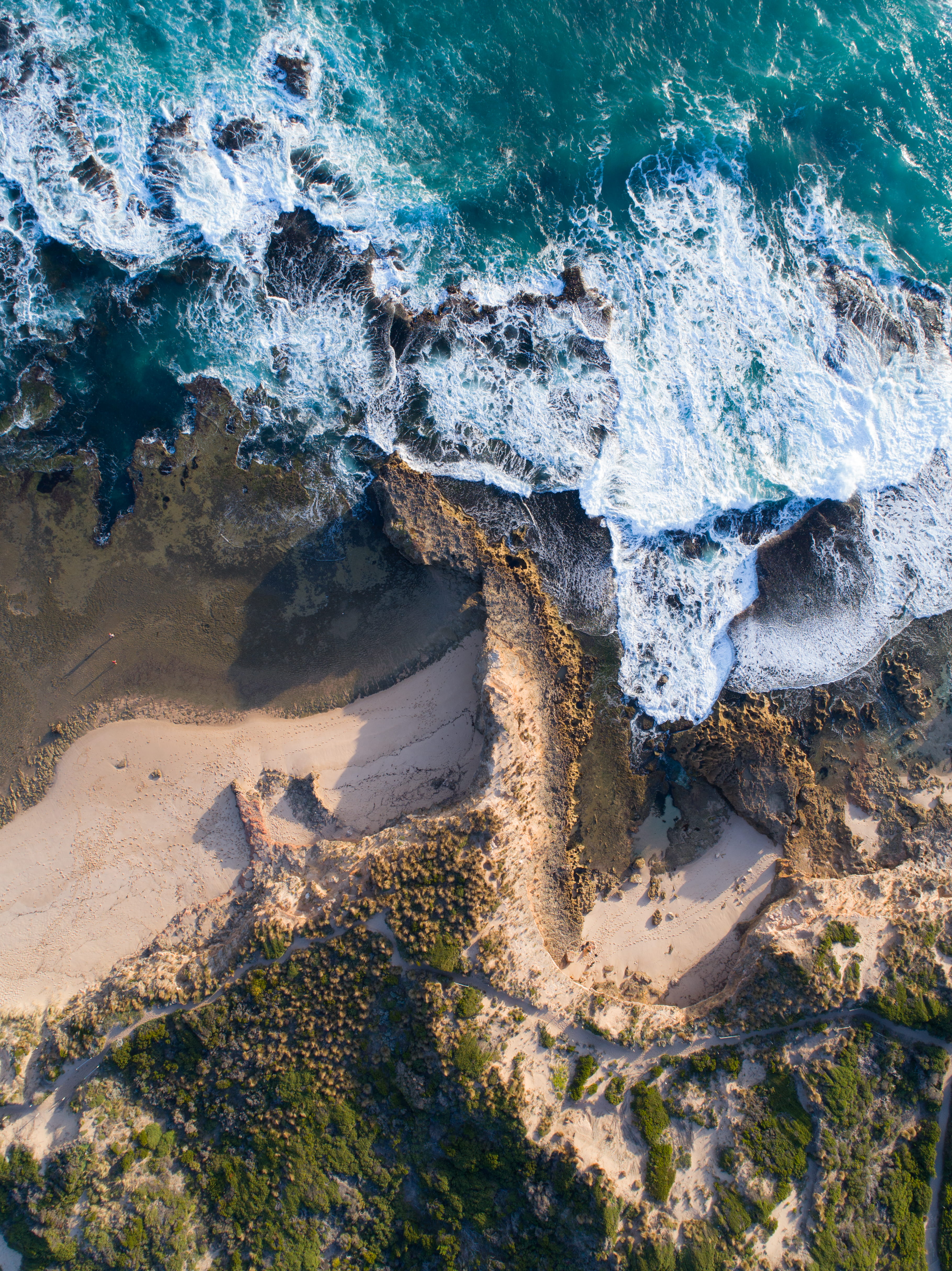 aerial, tranquility, beach, geology, drone, crashing, sea, dune, sand, non-urban scene, no people, rock formation, waves, from above, view, rocks, shore, Phone HD Wallpaper