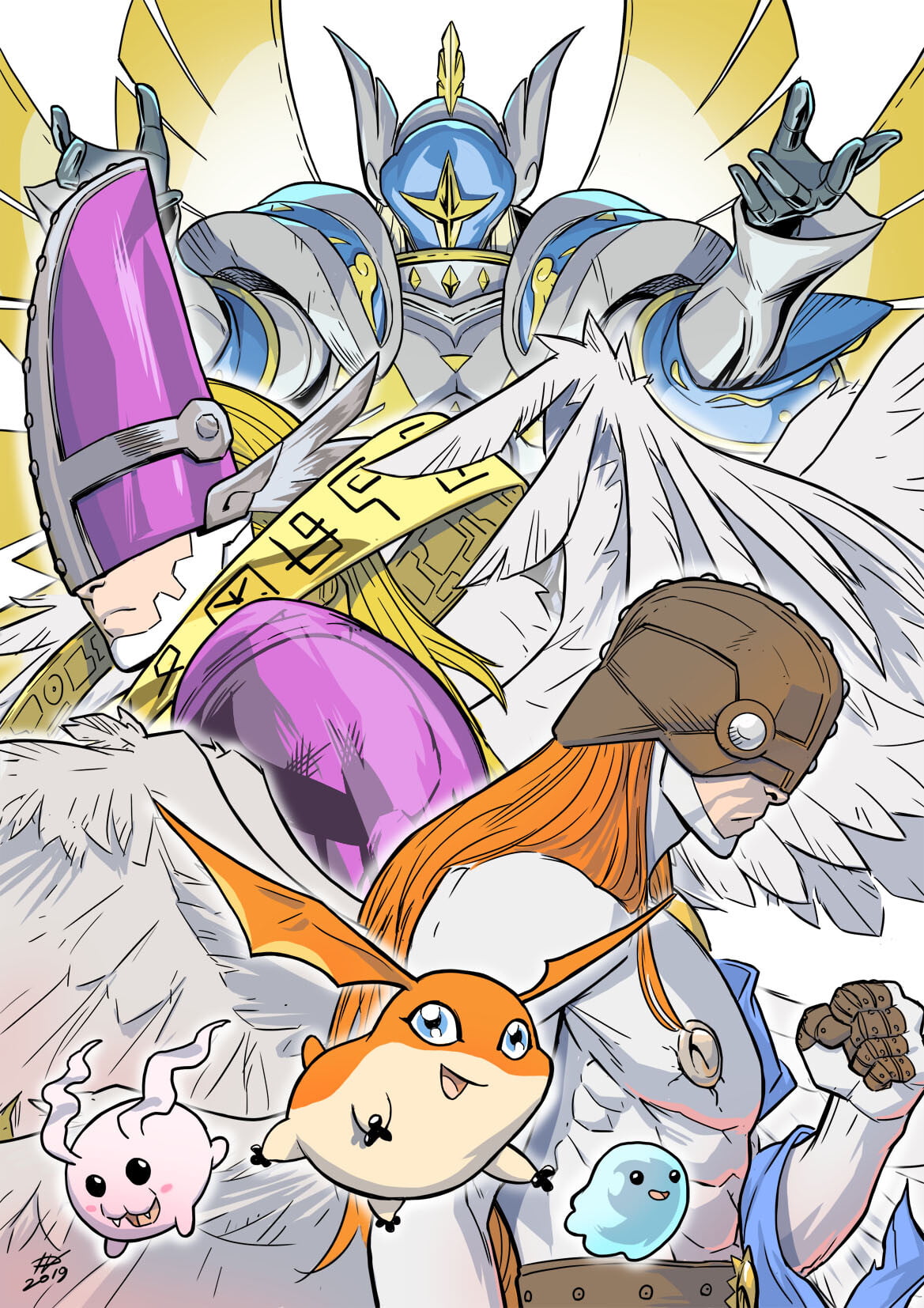 Digimon, Ivan Fiorelli, 720P, Digimon Adventure, evolution, white background, Patamon, Phone HD Wallpaper