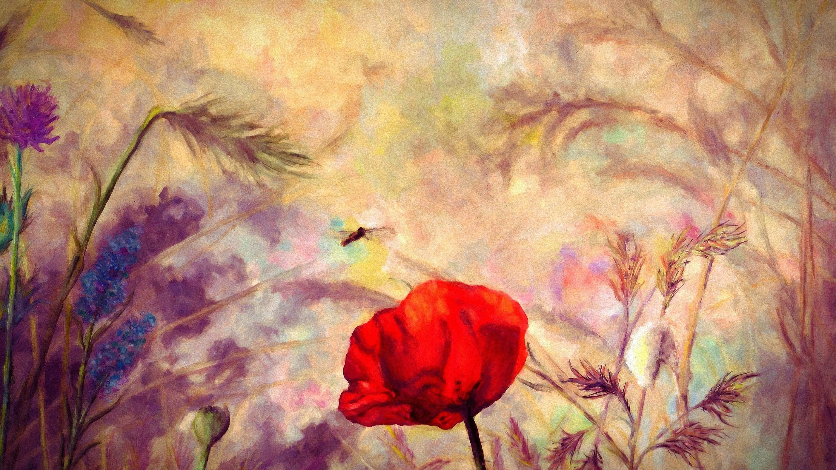 outdoors, bird, flying, 2K, day, no people, poppies, fragility, autumn, thistles, red, vulnerability, orange color, painted, beauty in nature, flower, HD Wallpaper