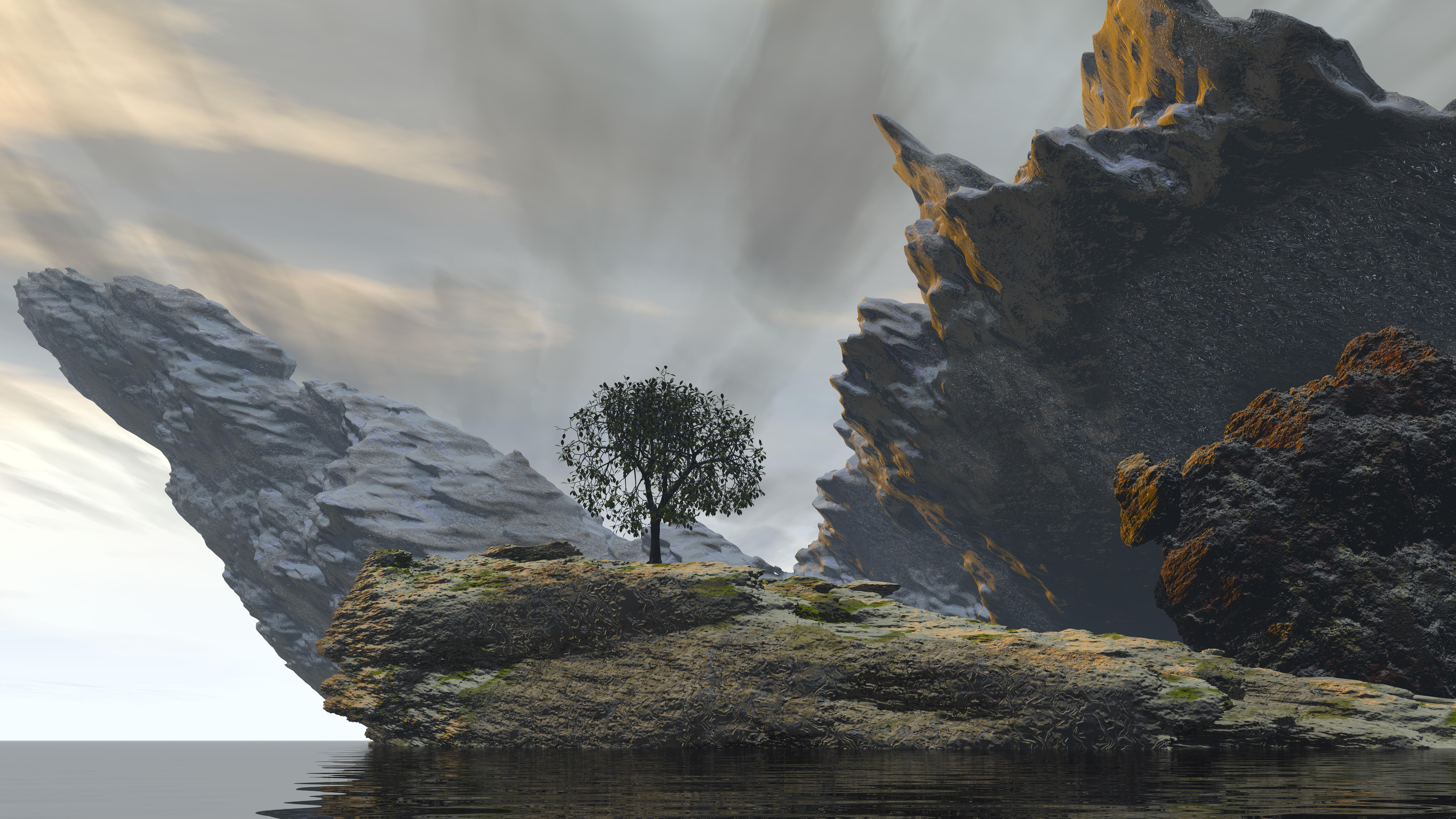 martian landscape, digital art, fantasy landscape, coast, 8k uhd, wilderness, tree, mountain, rock, digital landscape, cliff, 8K, terrain, HD Wallpaper