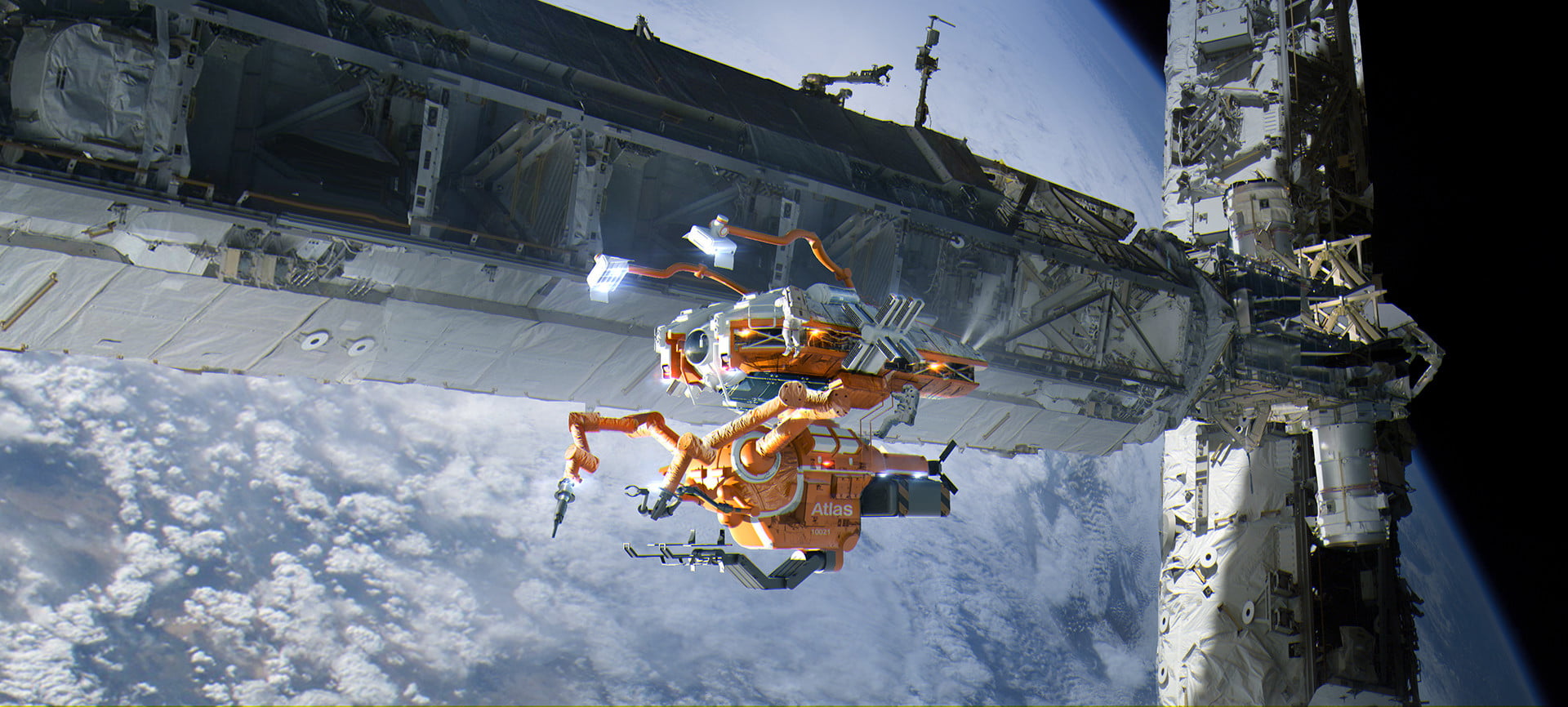  low angle view, flying, spaceship, air vehicle, helmet, outdoors, men, Earth, hanging, mode of transportation, machinery, construction industry, HD Wallpaper